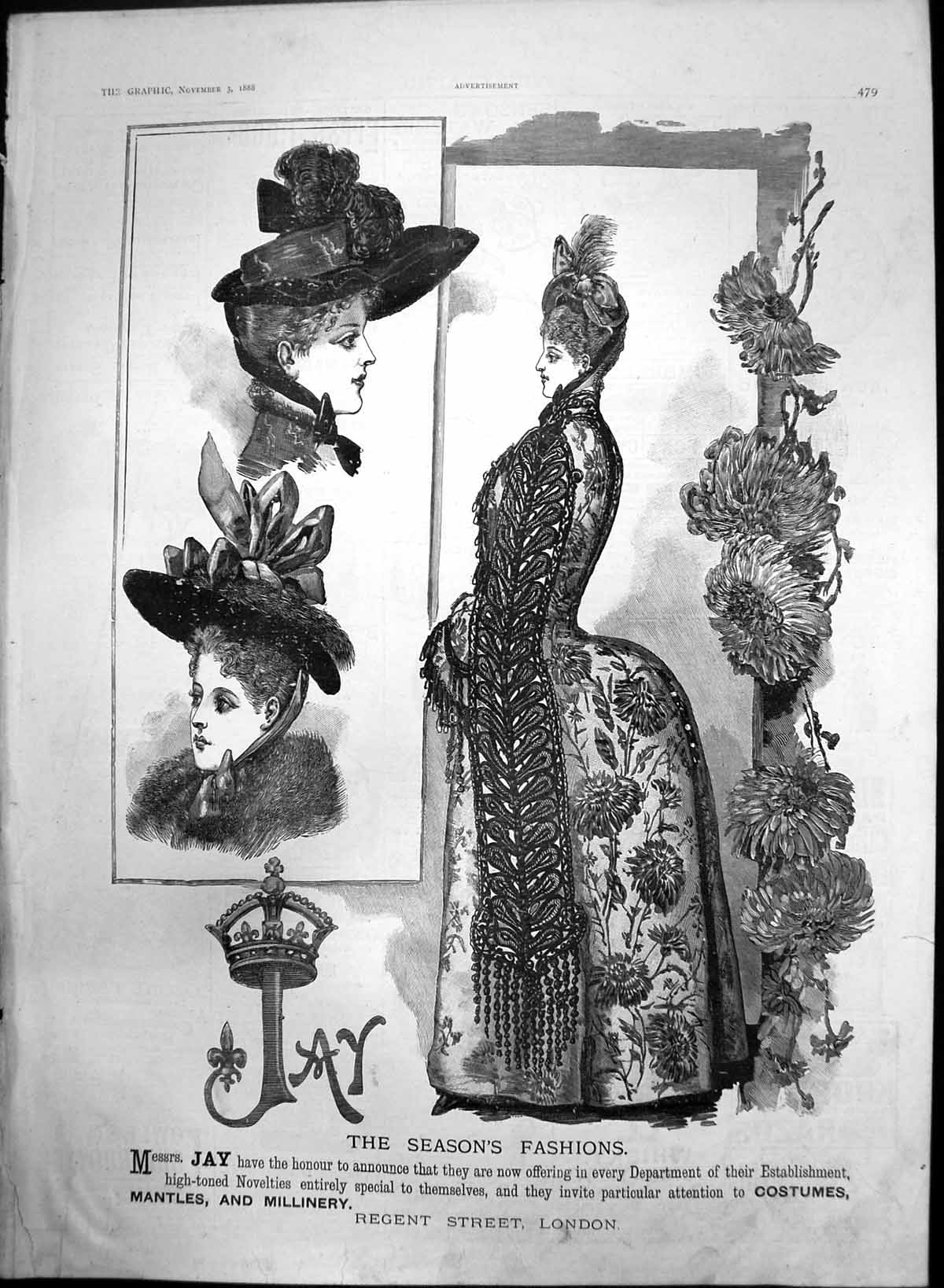 Antique Old Print Jay Seasons Fashions London Costumes Millinery Mantles 1888