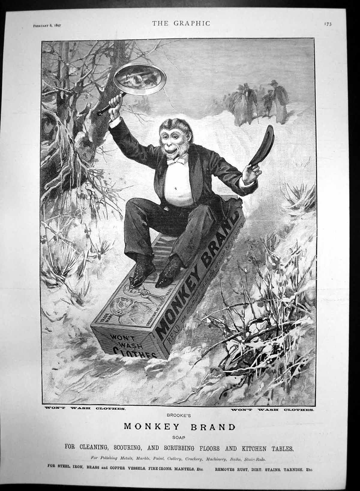 Antique Print Brookes Soap Monkey Brand Scrubbing Floors Kitchentables1897 19th