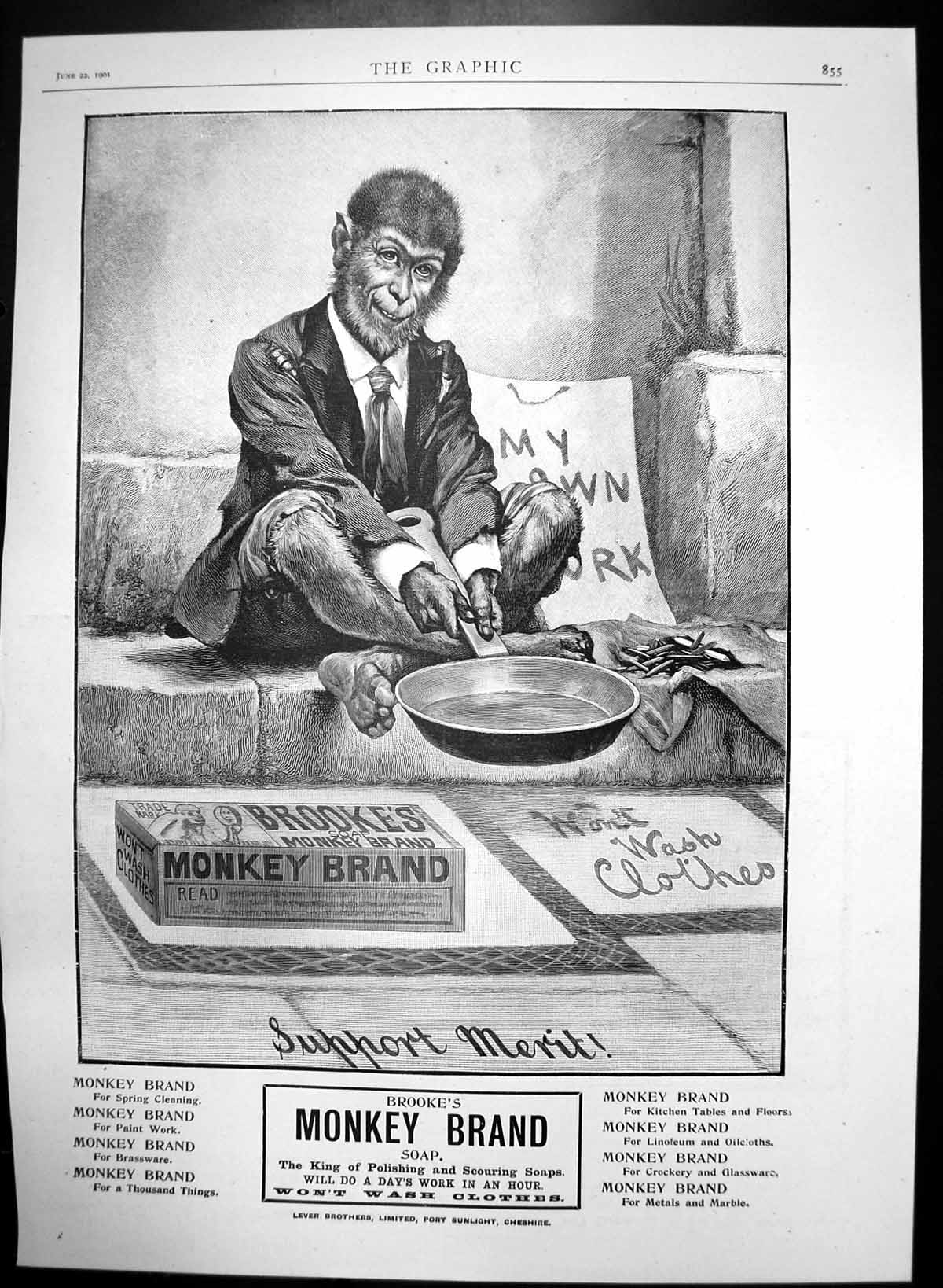 Antique Old Print Brookes Monkey Brand Soap Will Do Days Work In An Hour 1901