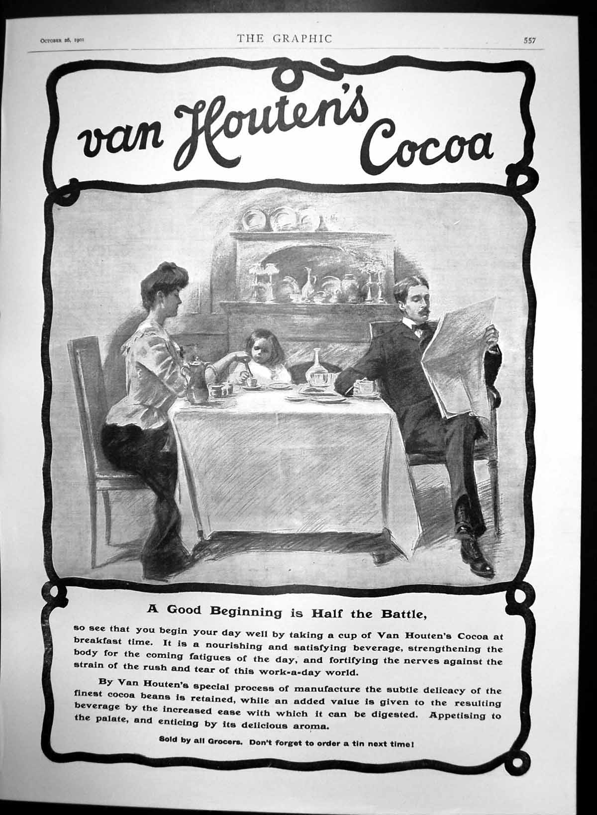 Original Old Antique Print Van Houtens Cocoa Good Beginning Half Battle 1901