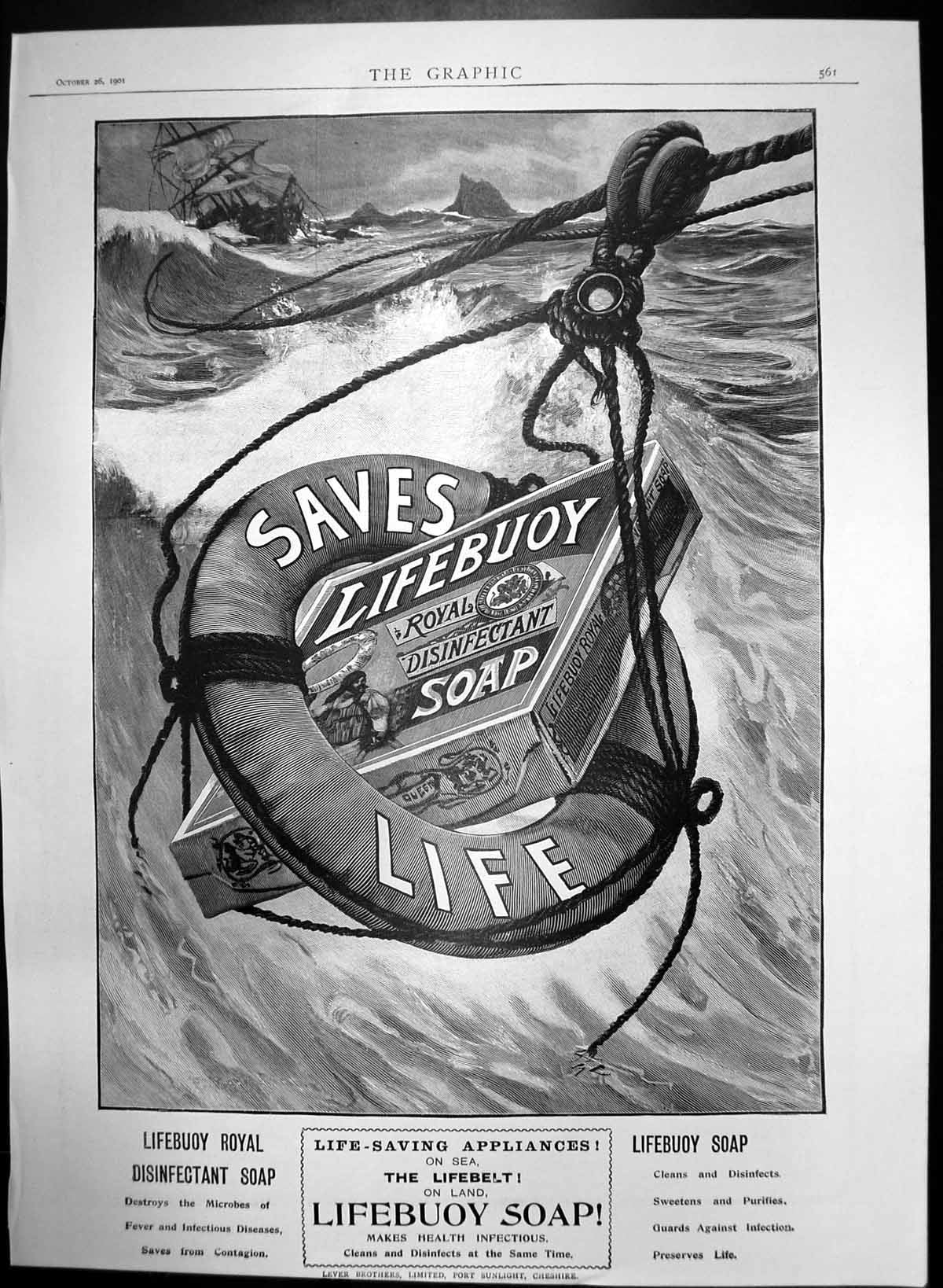 Old Antique Print Lifebuoy Royal Disinfectant Soap Cleans Disinfects 1901 20th