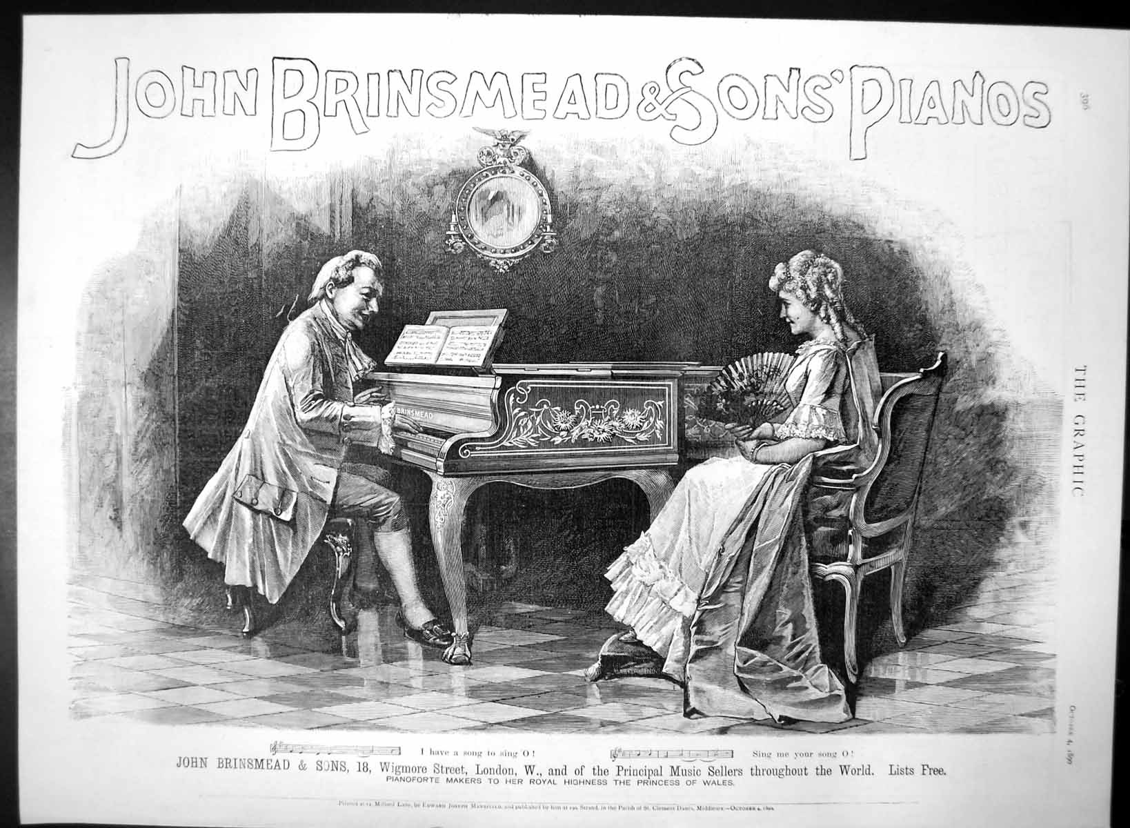 Old Antique Print John Brinsmead Pianos London Makers Princess Wales 1890 19th