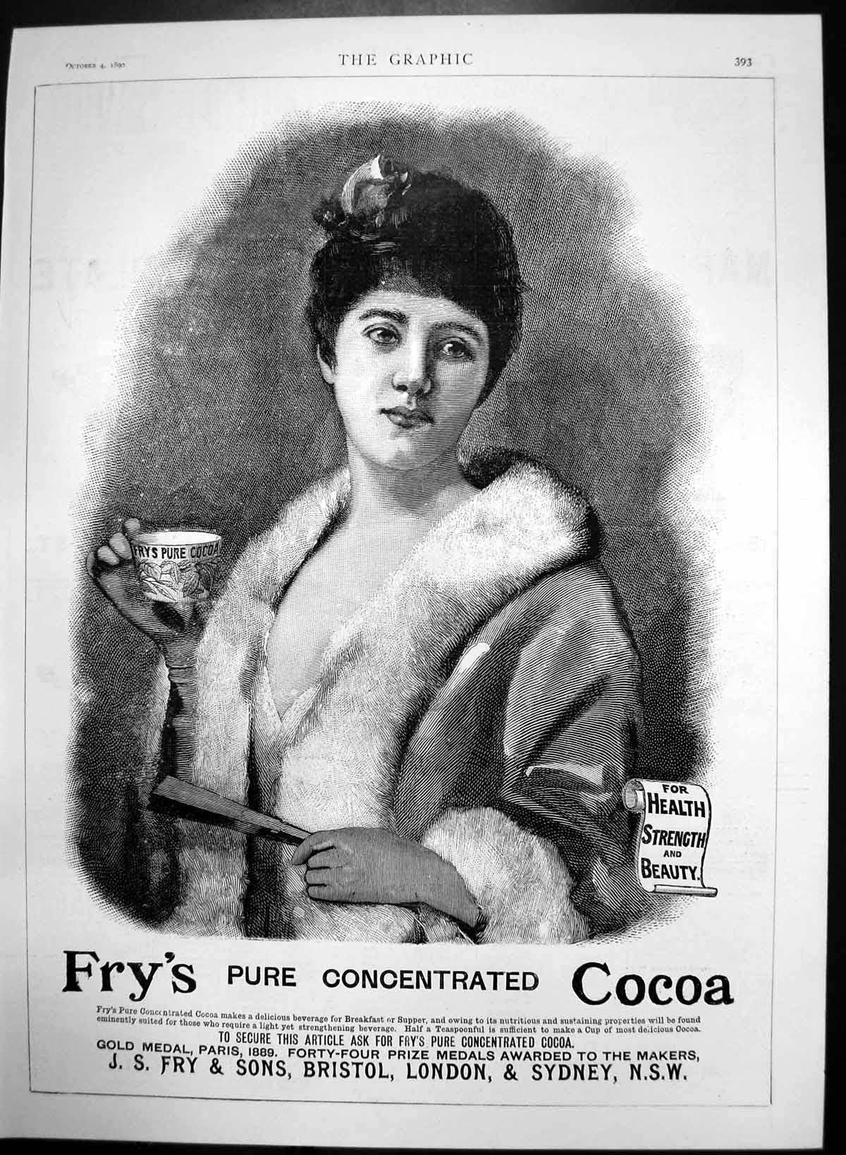Antique Old Print Frys Pure Concentrated Cocoa Health Strenght Beauty 1890 19th