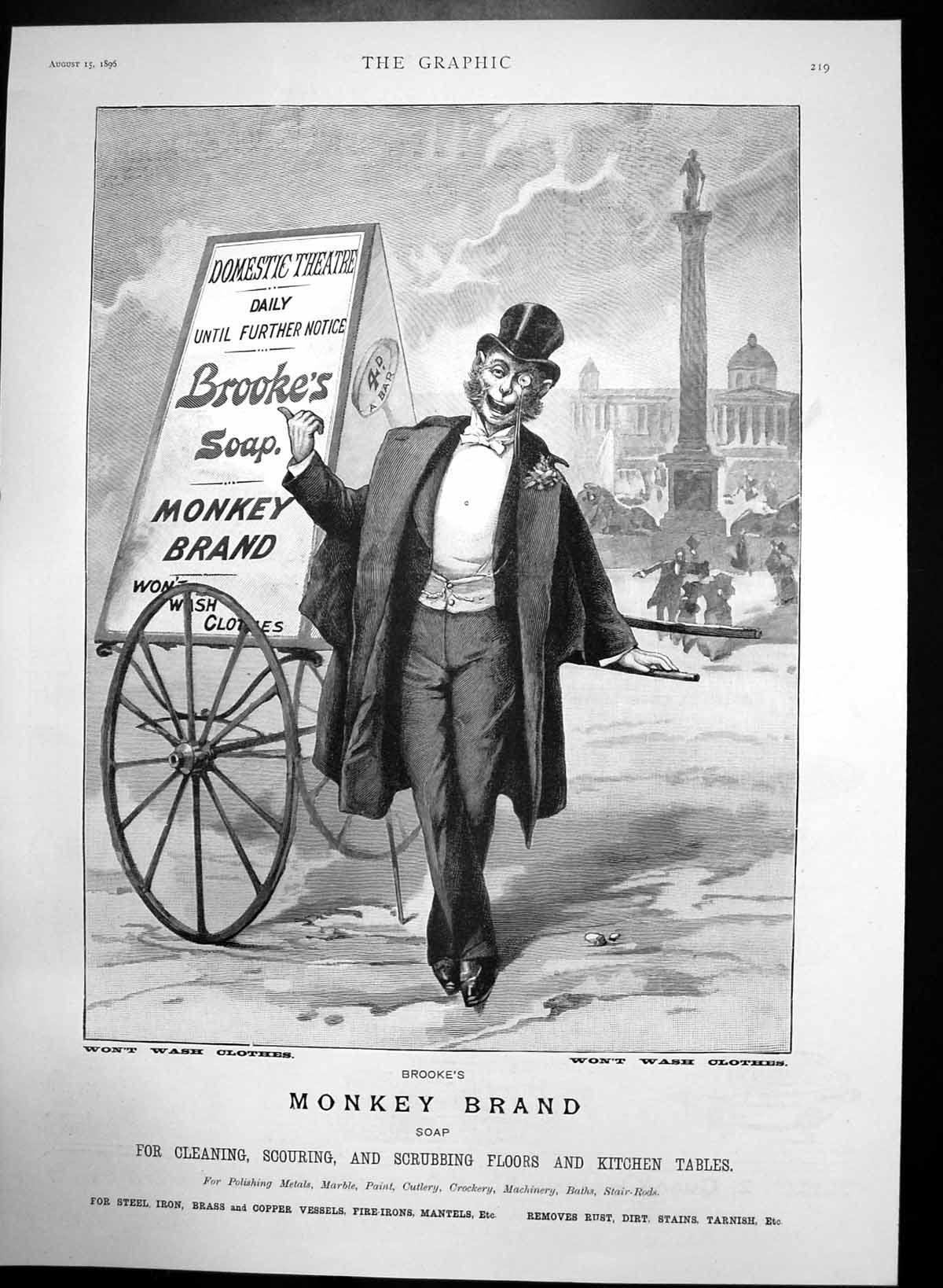 Antique Old Print Brookes Soap Monkey Brand Cleaning Scrubbing Scouring 1896