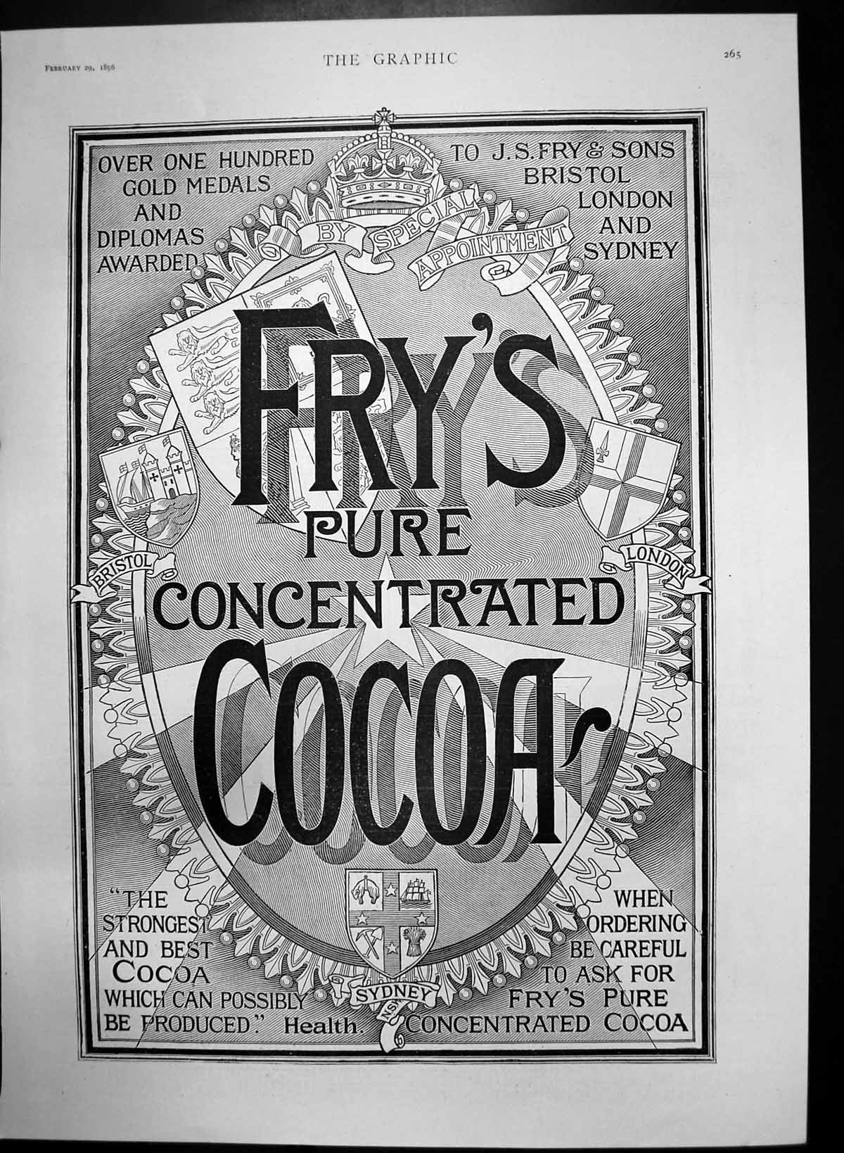 Old Antique Print Frys Pure Concentrated Cocoa Strongest Best Cocoa 1896 19th