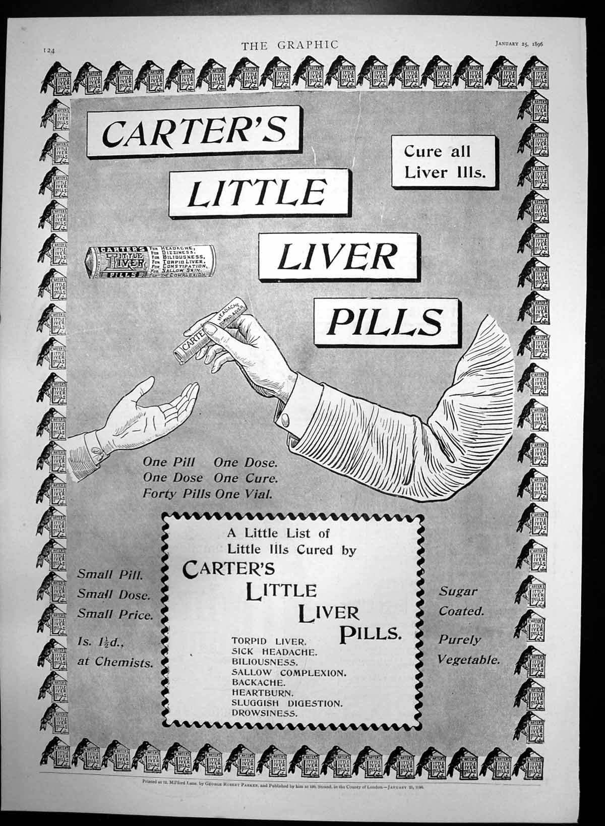 Antique Old Print Carters Little Liver Pills Backache Heartburn Liver 1896 19th