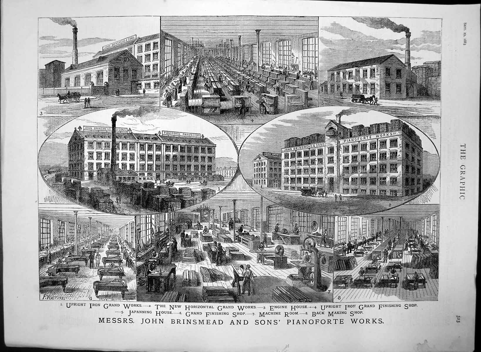Antique Old Print John Brinstead & Sons Pianoforte Works Finishing Shop 1883