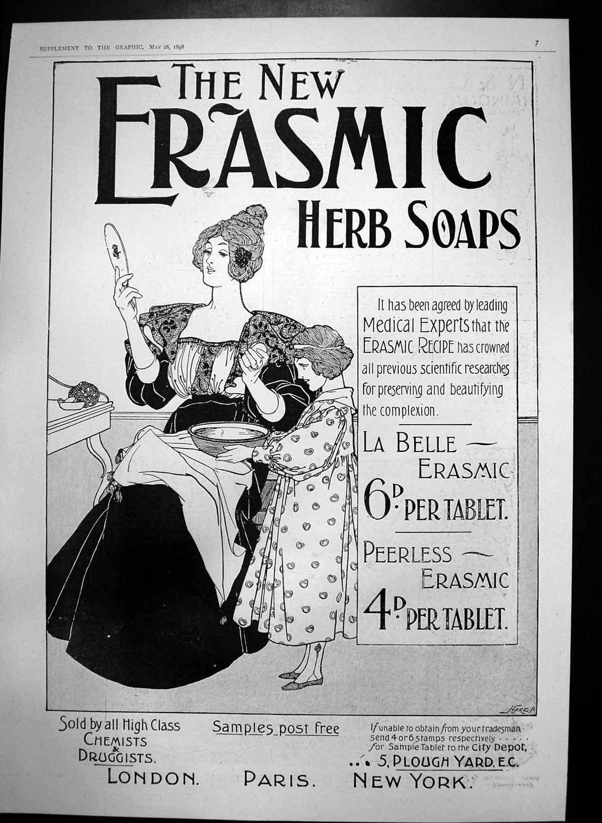 Original Old Antique Print New Erasmic Herb Soaps SAll High Class Chemists 1898