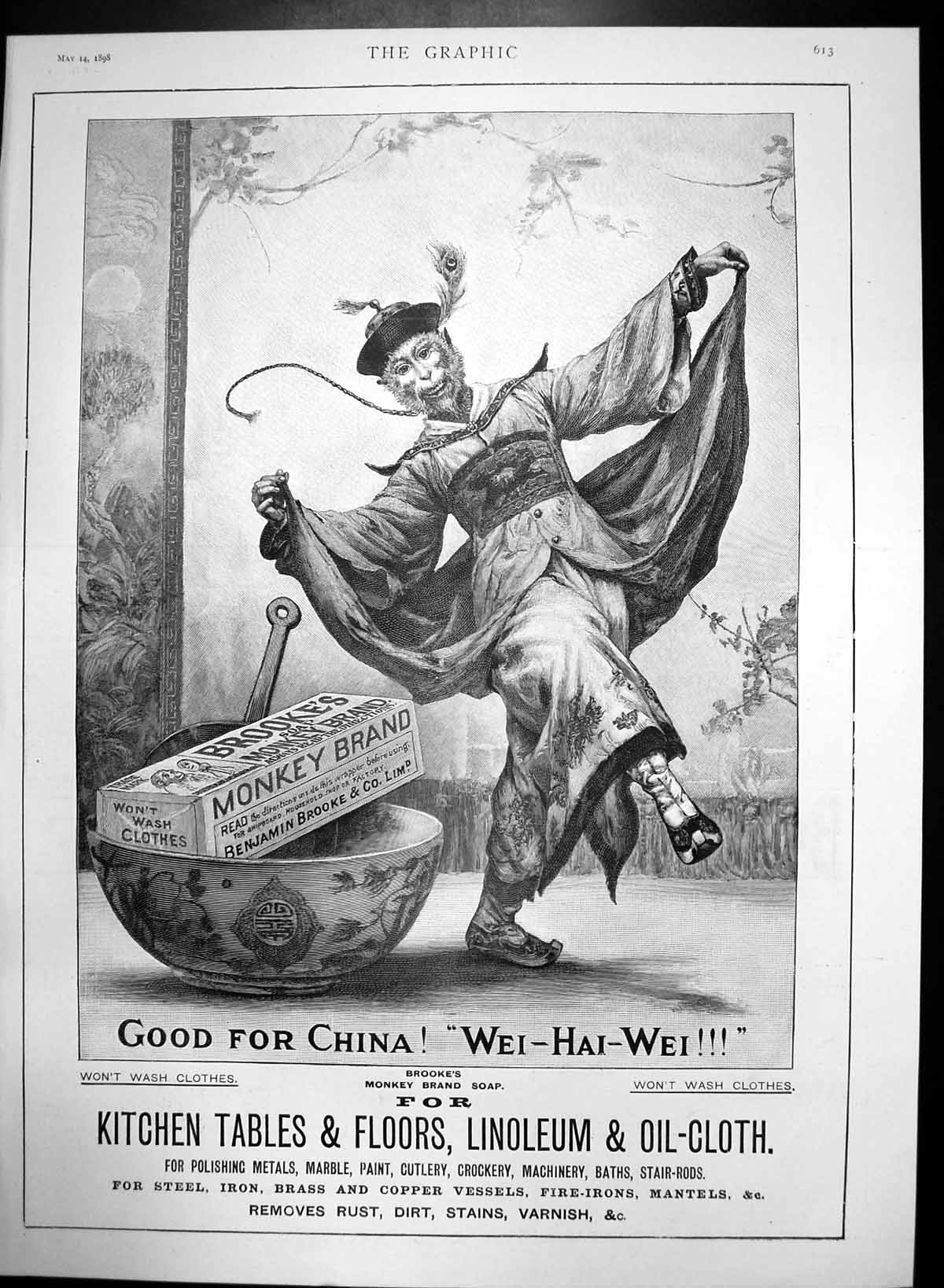 Antique Old Print Brookes Monkey Brand Soap For Kitchen Tables Floors 1898 19th