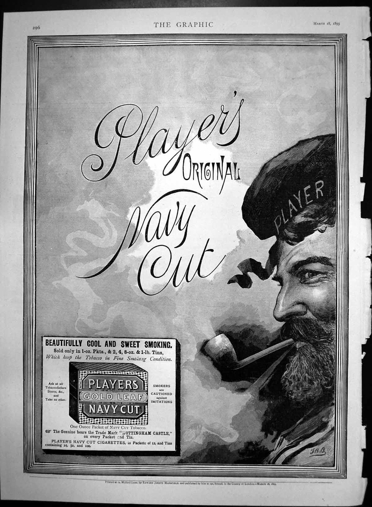 Original Old Antique Print Players Navy Cut Beautifully Cool Sweet Smoking 1893