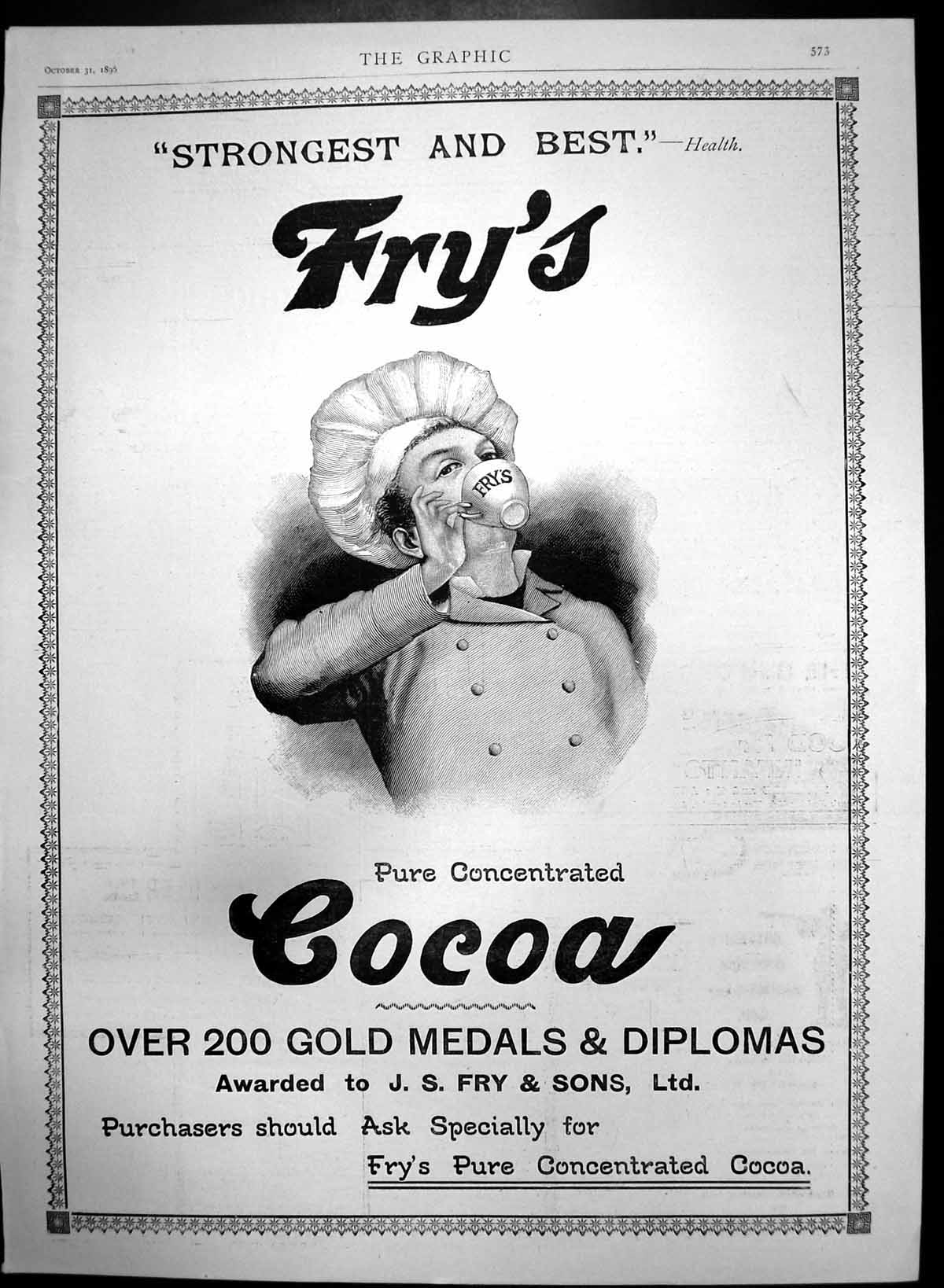 Original Old Antique Print Frys Pure Concentrated Cocoa Over 200 GMedals 1895