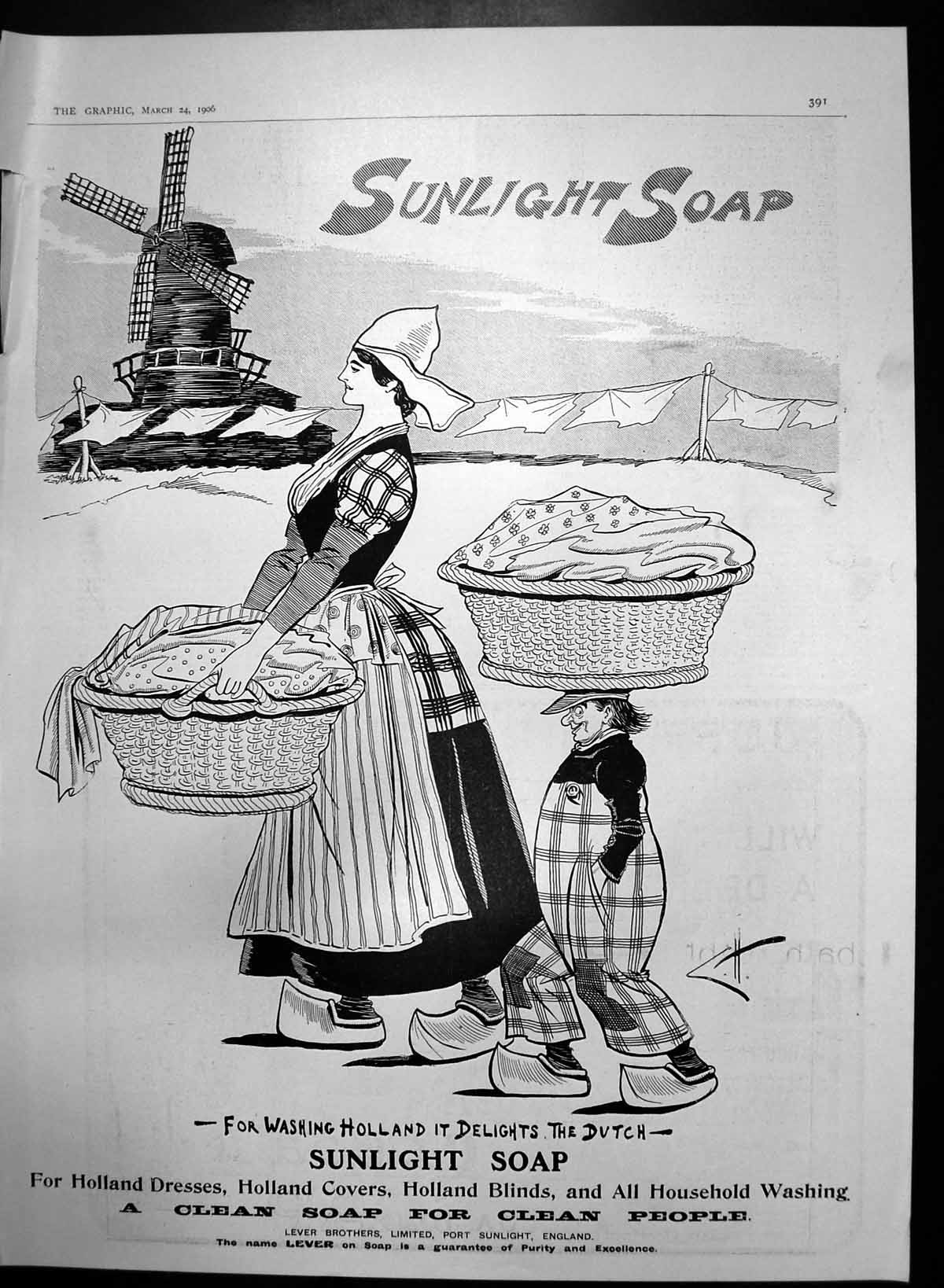 Old Antique Print Sunlight Soap For Washing Holland Delights Dutch 1906 20th
