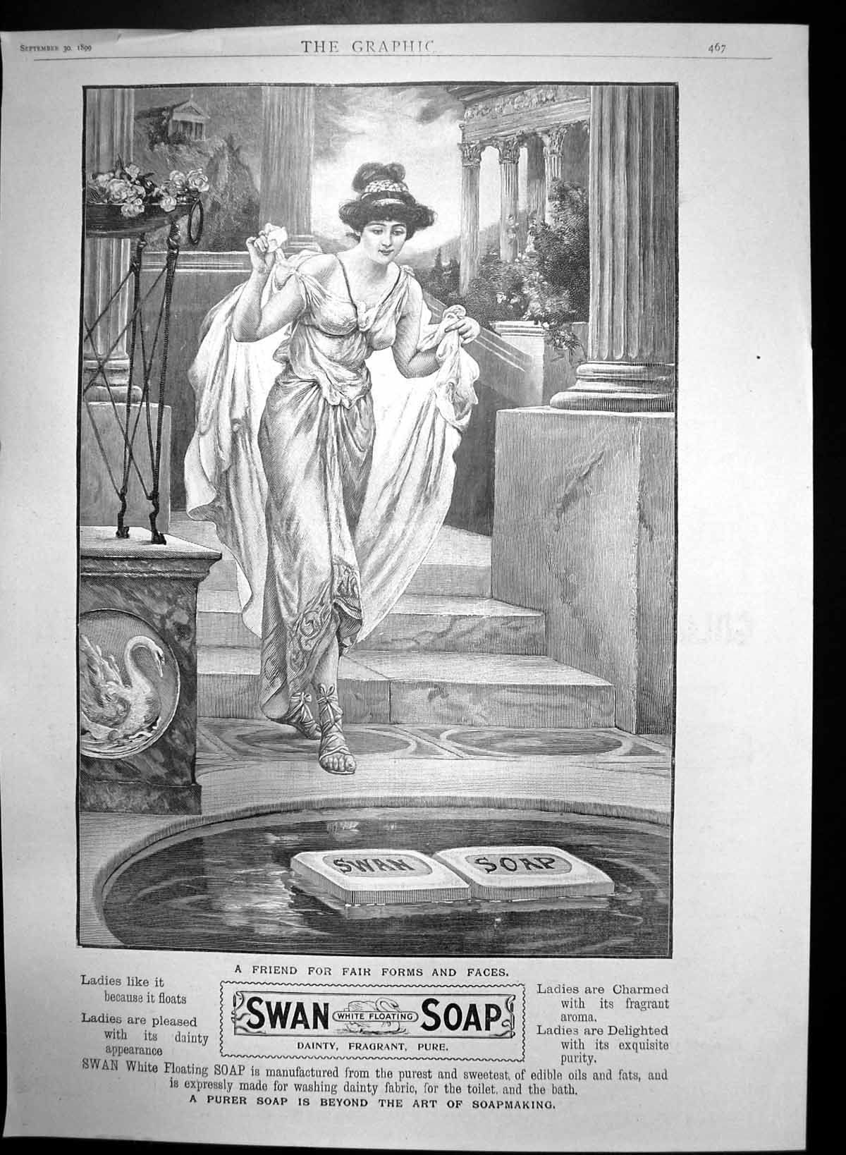 Original Old Antique Print Swan White Floating Soap Dainty Fragrant Pure 1899