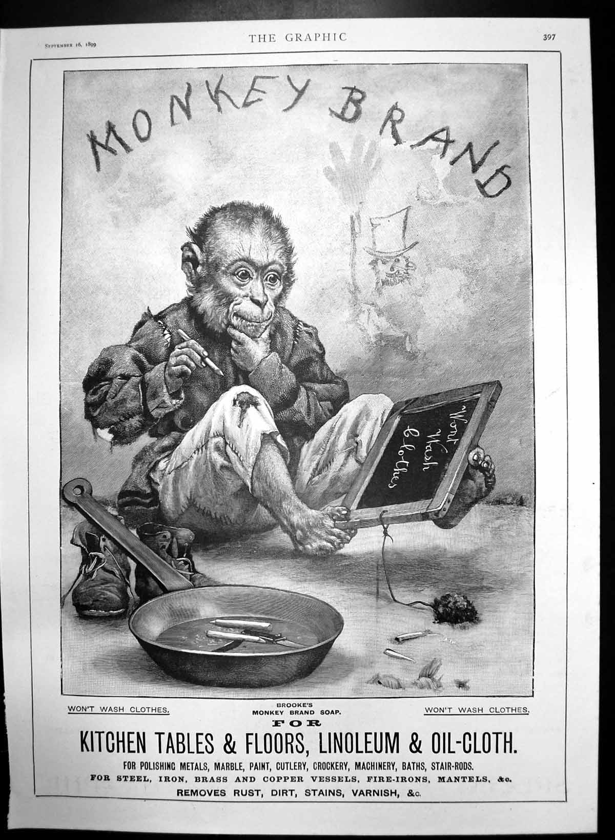 Original Old Antique Print Brookes Monkey Brand Soap Monkey Writing Slate 1899