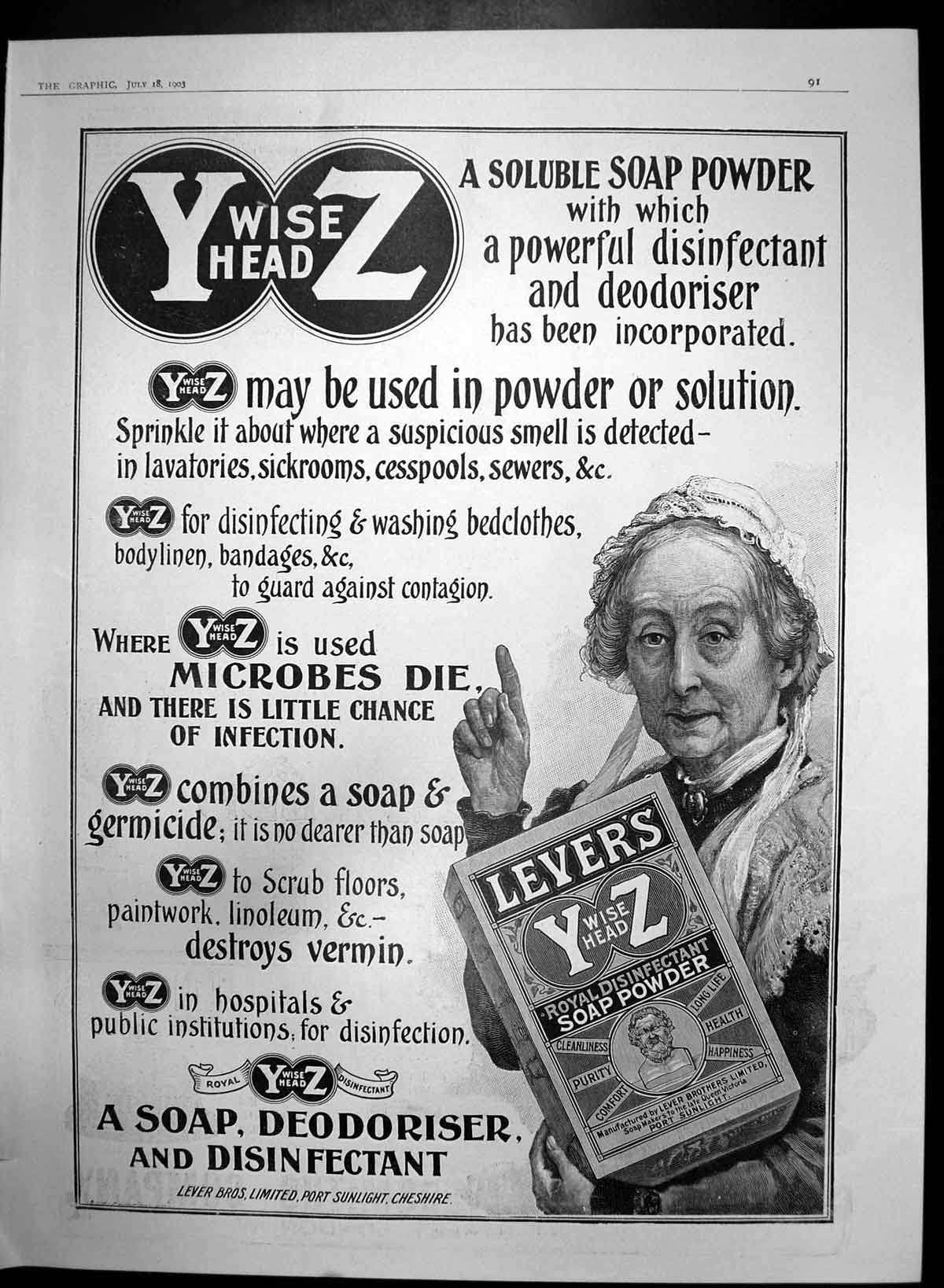 Antique Old Print Levers Y Wise Head Z Royal Disinfectant Soap Powder 1903 20th