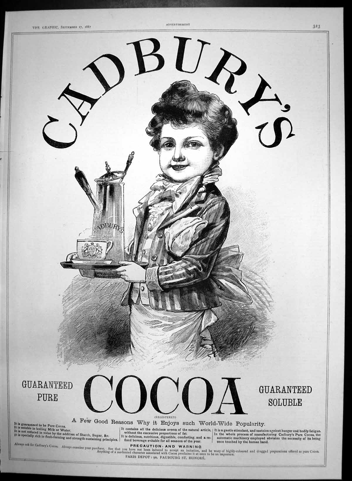 Antique Old Print Cadburys Cocoa Guaranteed Pure Soluble Boiling Milk 1887 19th