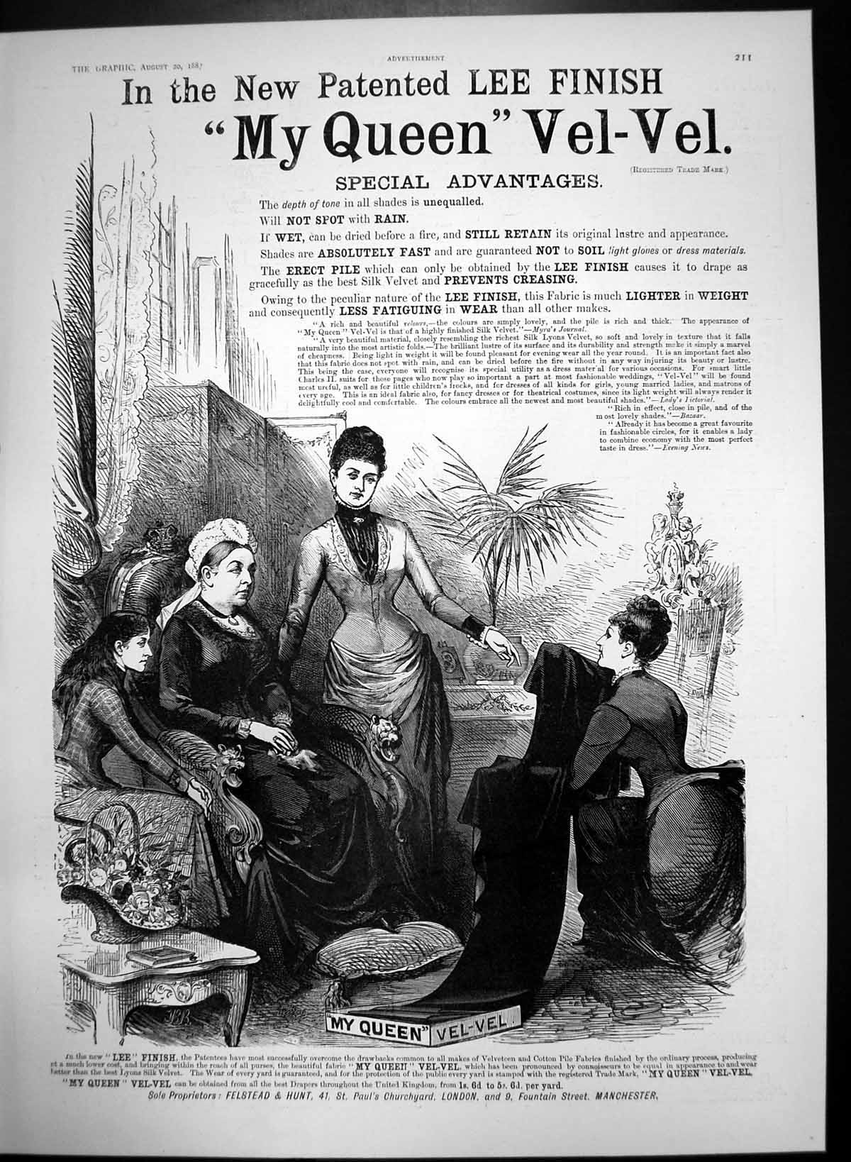 Original Old Antique Print My Queen Vel-Vel Retains Lustre Appearance 1887 19th