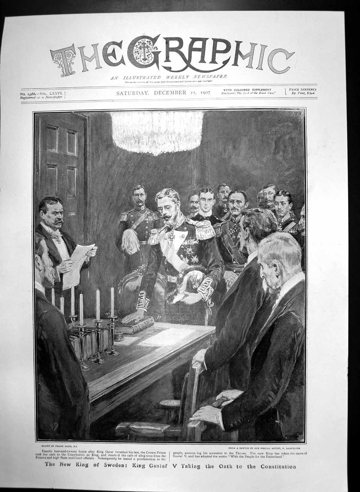 Old Antique Print New King Sweden Gustaf V Taking Oath Constitution 1907 20th