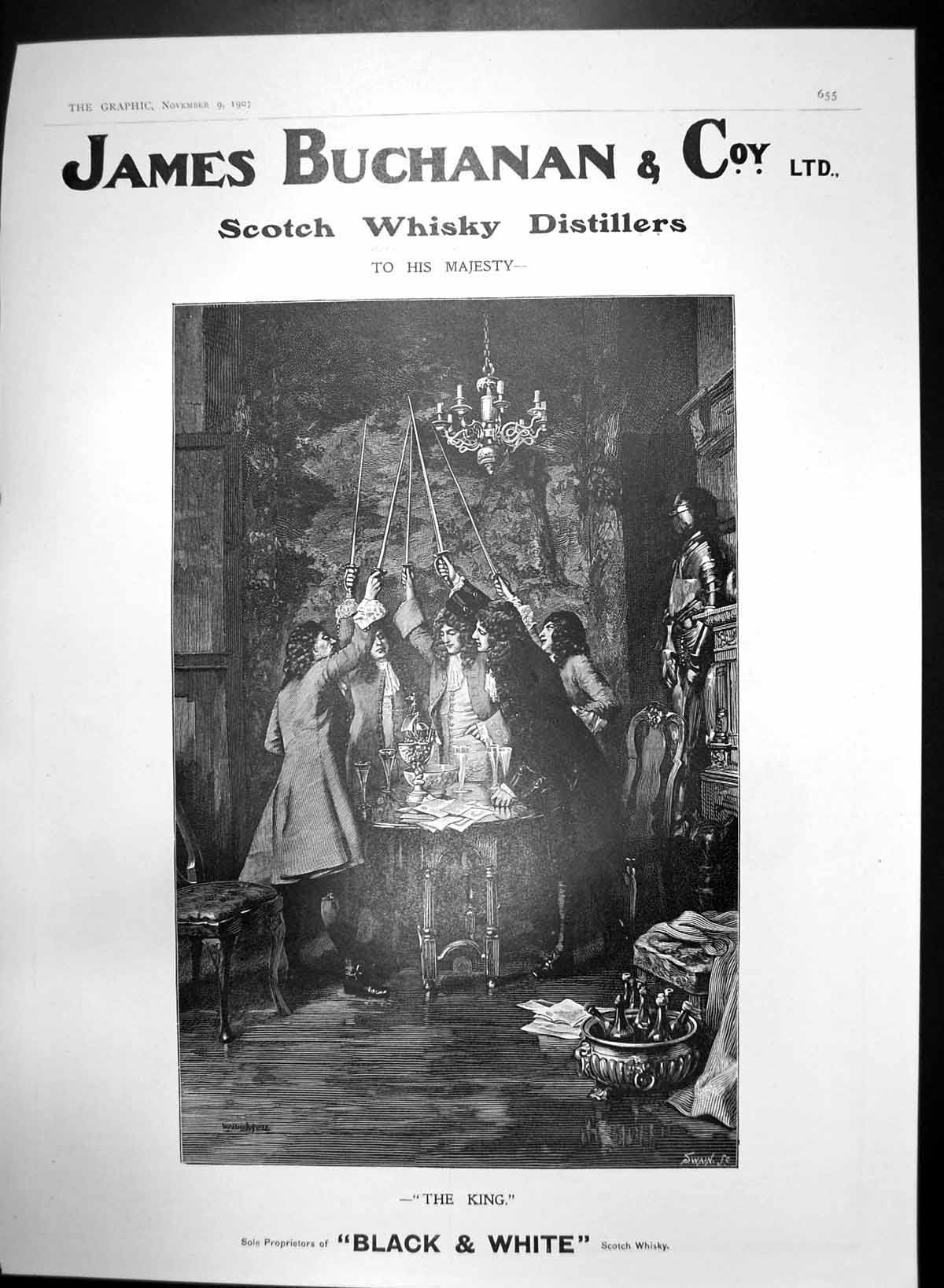 Old Antique Print James Buchanan Black White Whisky Distillers King 1907 20th
