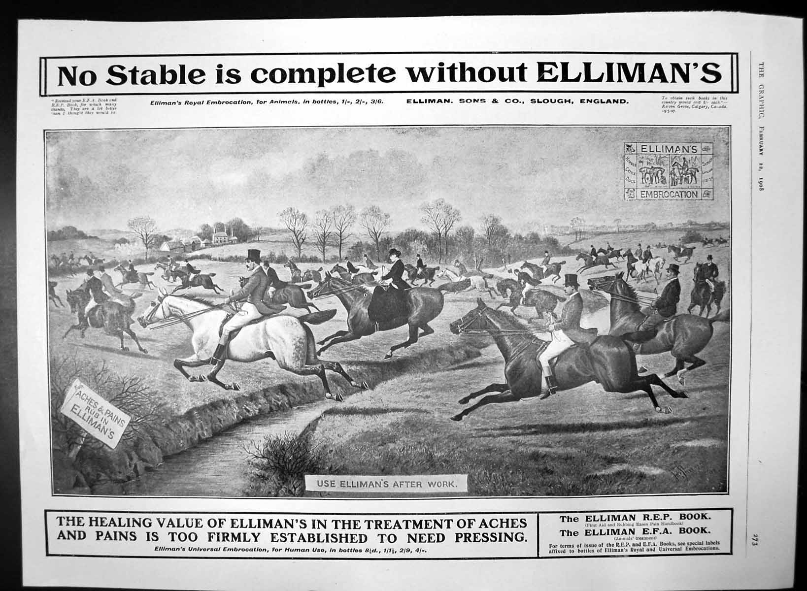 Original Old Antique Print No Stable Complete Without Ellimans Embrocation 1908