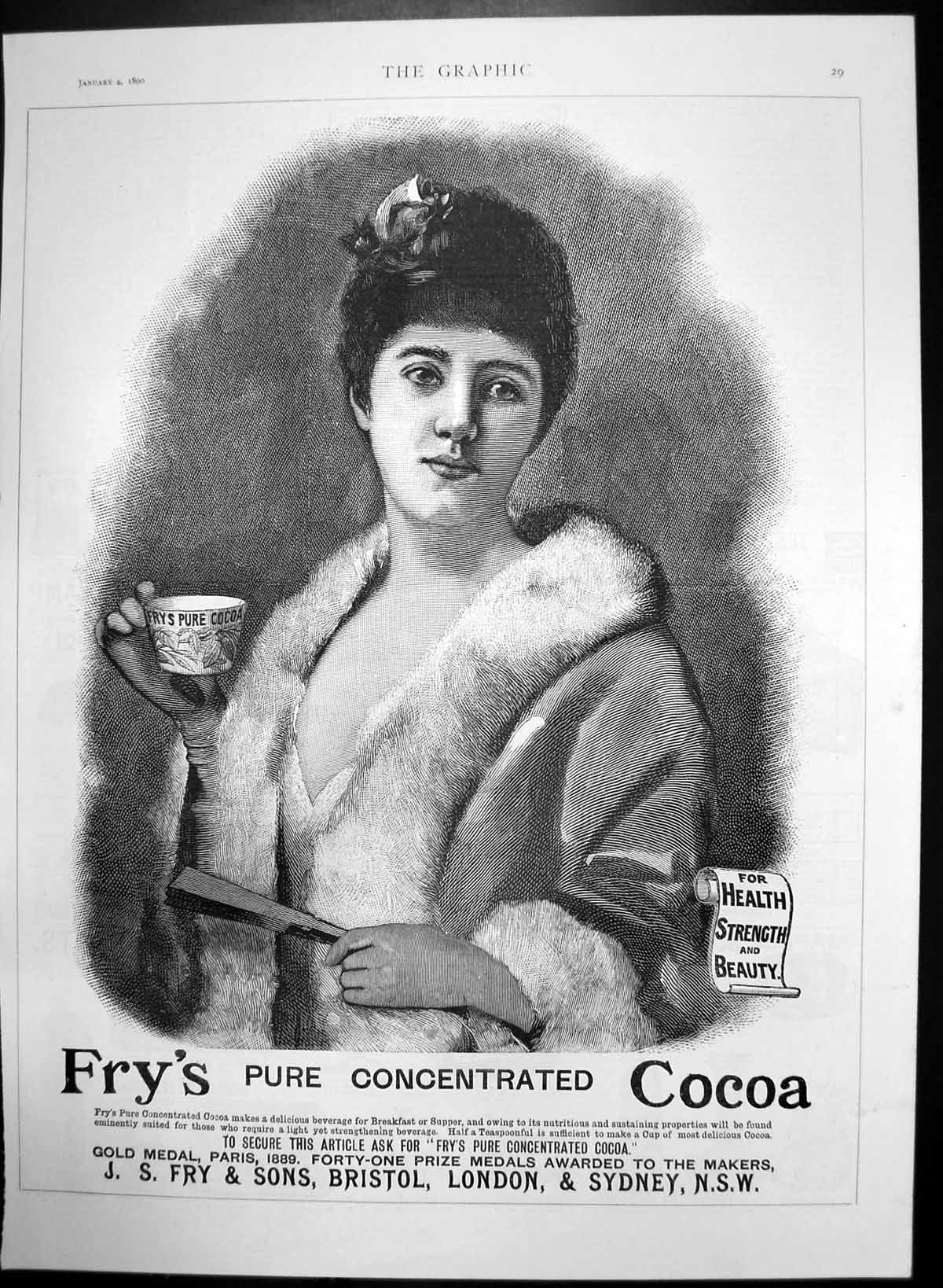 Original Old Antique Print Frys Pure Concentrated Cocoa Delicious Beverage 1890