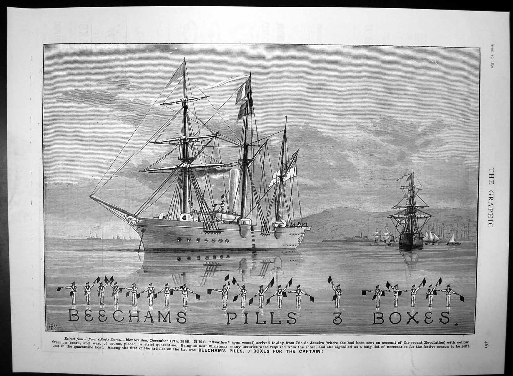 Antique Old Print Beechams Pills Sent Hms Swallow Yellow Fever Onboard 1890