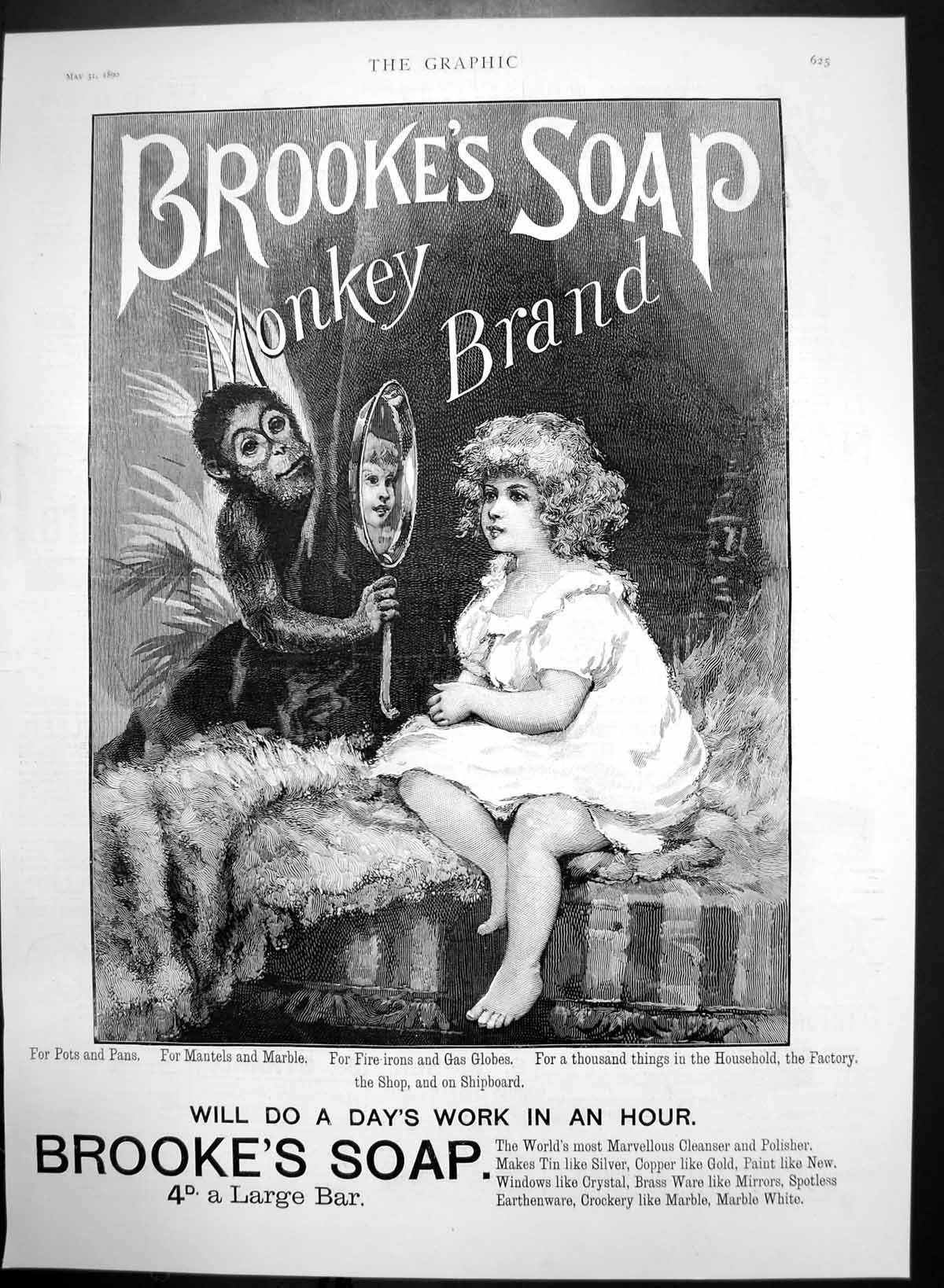 Antique Old Print Brookes Soap Monkey Brand Monkey Girls Reflection Pan 1890