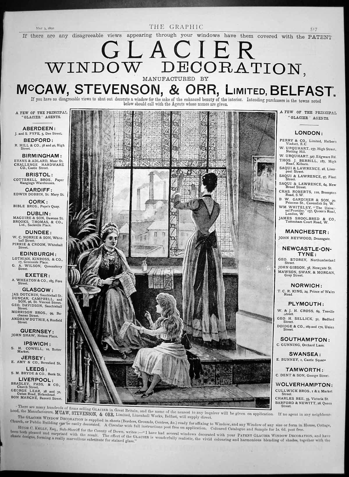 Antique Old Print Glacier Window Decoration Mccaw Stevenson Orr Belfast 1890
