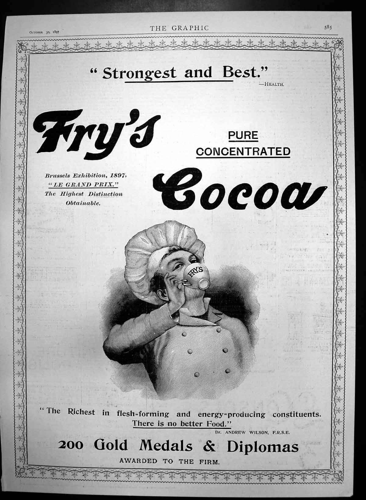 Old Antique Print Frys Pure Concentrated Cocoa Brussels Exhibition 1897 19th