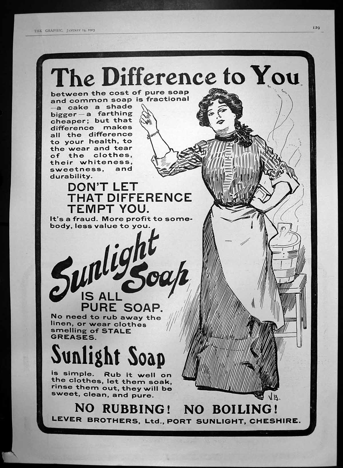 Original Old Antique Print Sunlight Soap Difference Cost Pure Common Soap 1903