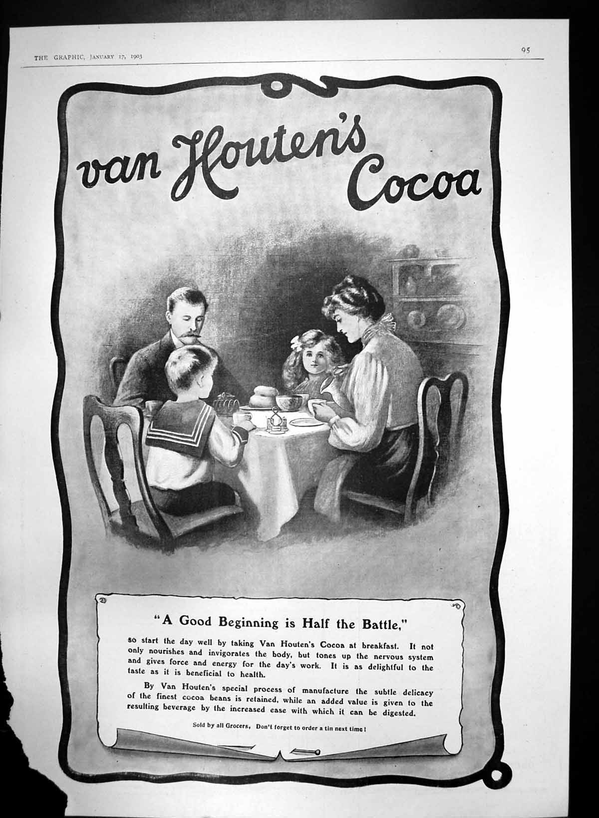 Original Old Antique Print Van Houtens Cocoa Family Seated Breakfast Table 1903