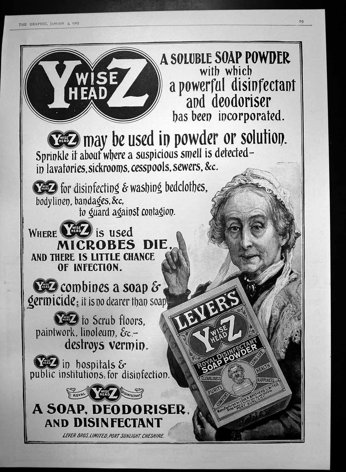 Antique Old Print Y Wise Head Z Soluble Soap Powder Washing Bedclothes 1903