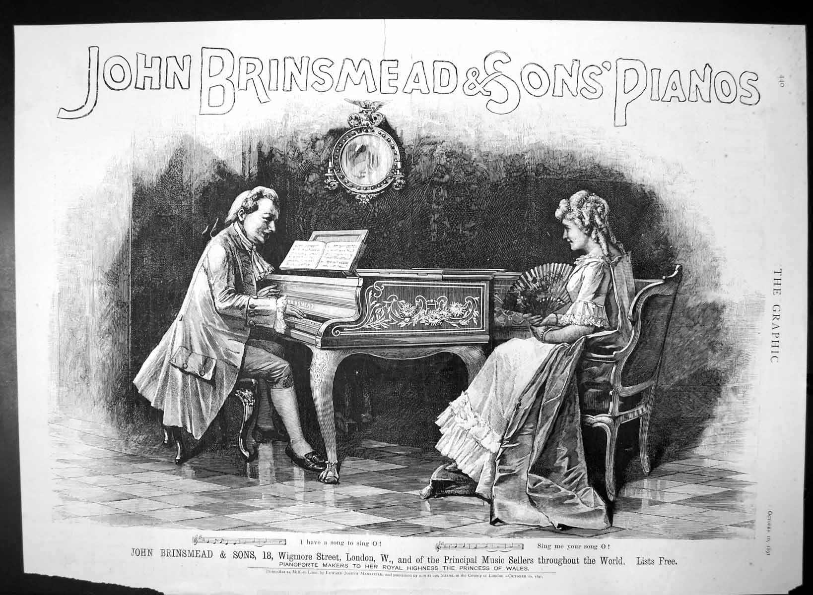 Antique Old Print John Brinsmead & Sons Pianos Makers Hrh Princess Wales 1891