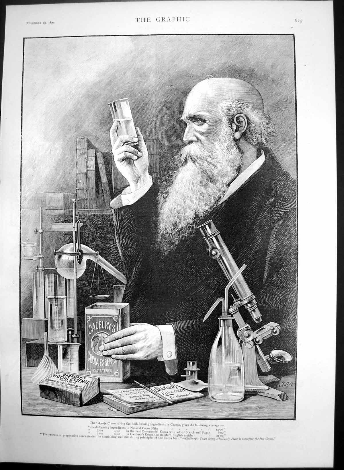 Antique Old Print Cadburys Cocoa Essence Analyst Comparing Ingredients 1890