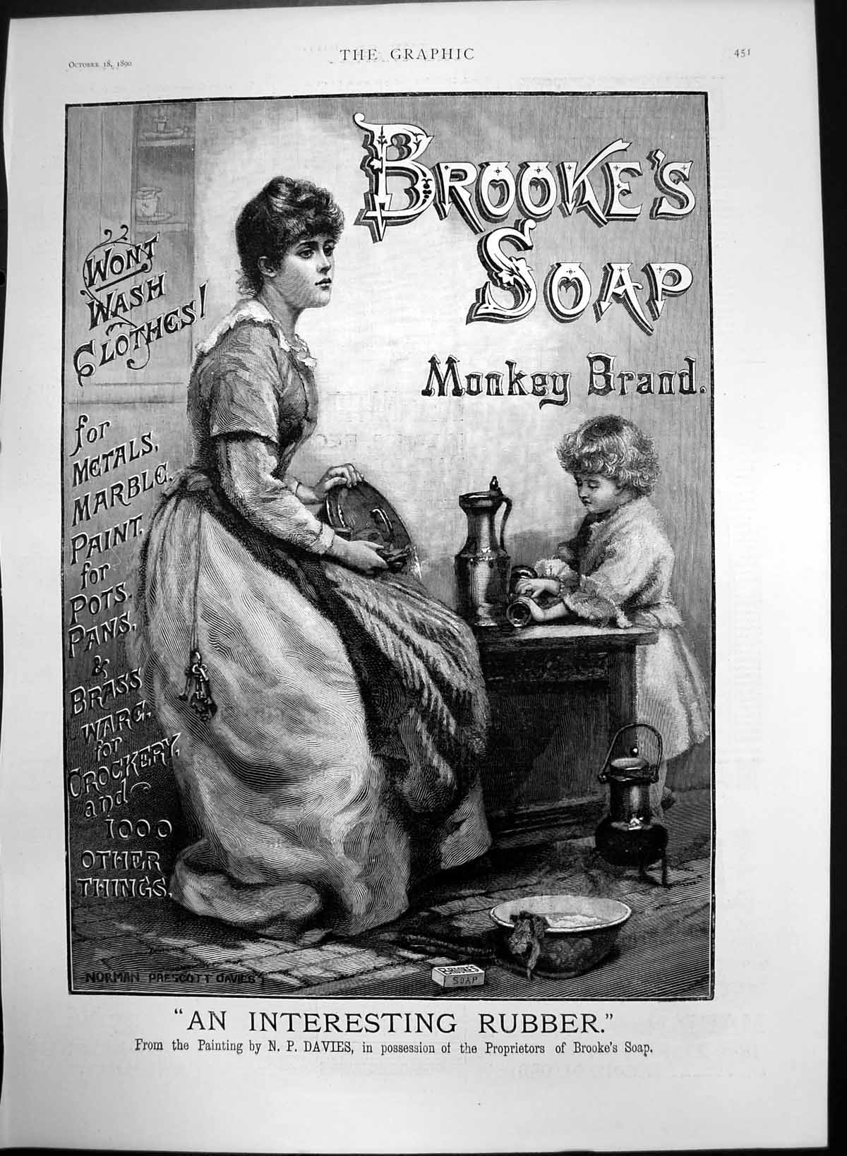 Original Old Antique Print Brookes Monkey Brand Soap Interesting Rubber 1890