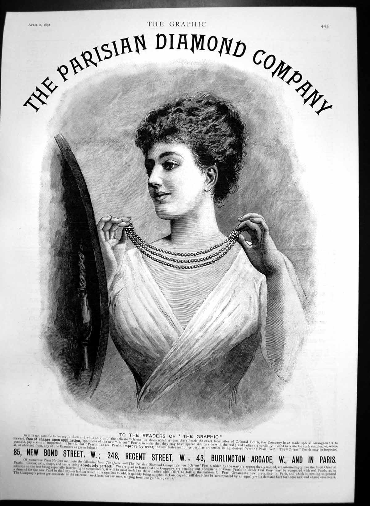 Antique Print Parisian Diamond Company Lady Modelling Delicate Pearls 1892 19th