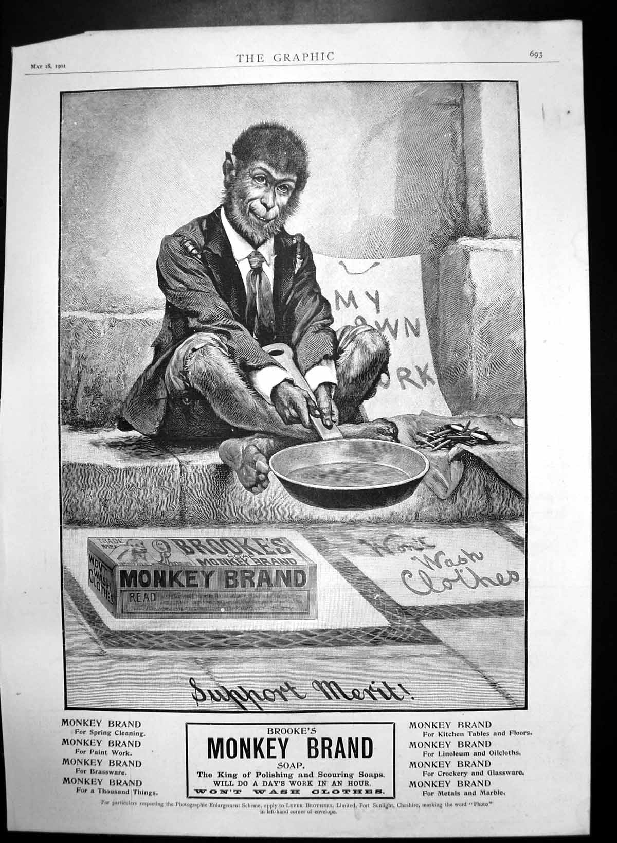 Original Old Antique Print Brookes Monkey Brand Soap Monkey My Own Work 1901