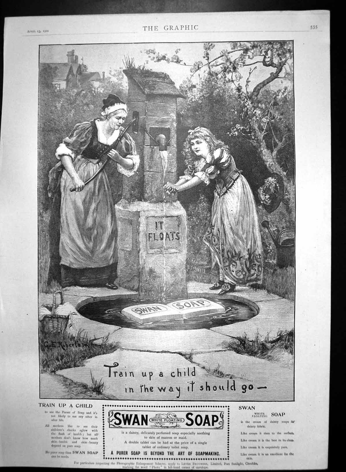 Antique Old Print Swan White Floating Soap Train Child Way It Should Be 1901