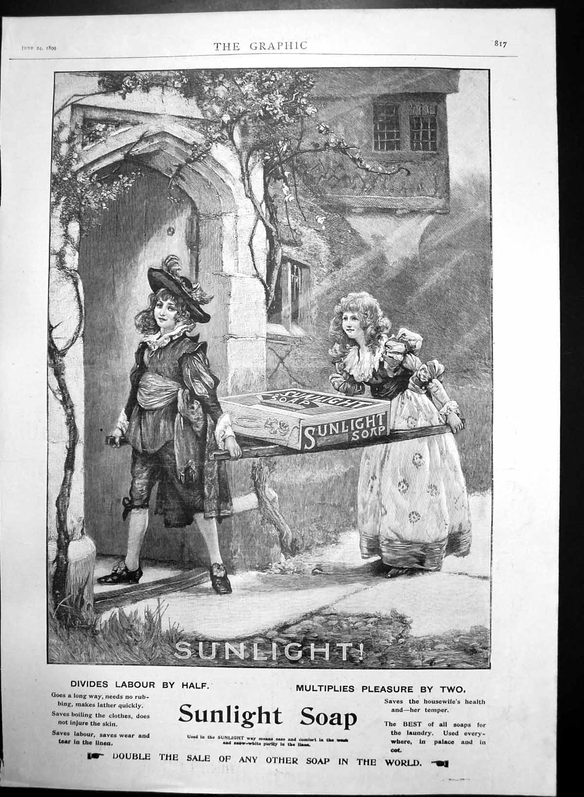 Old Print Sunlight Soap Divides Labour Half Multiples Pleasure By Two1899 19th