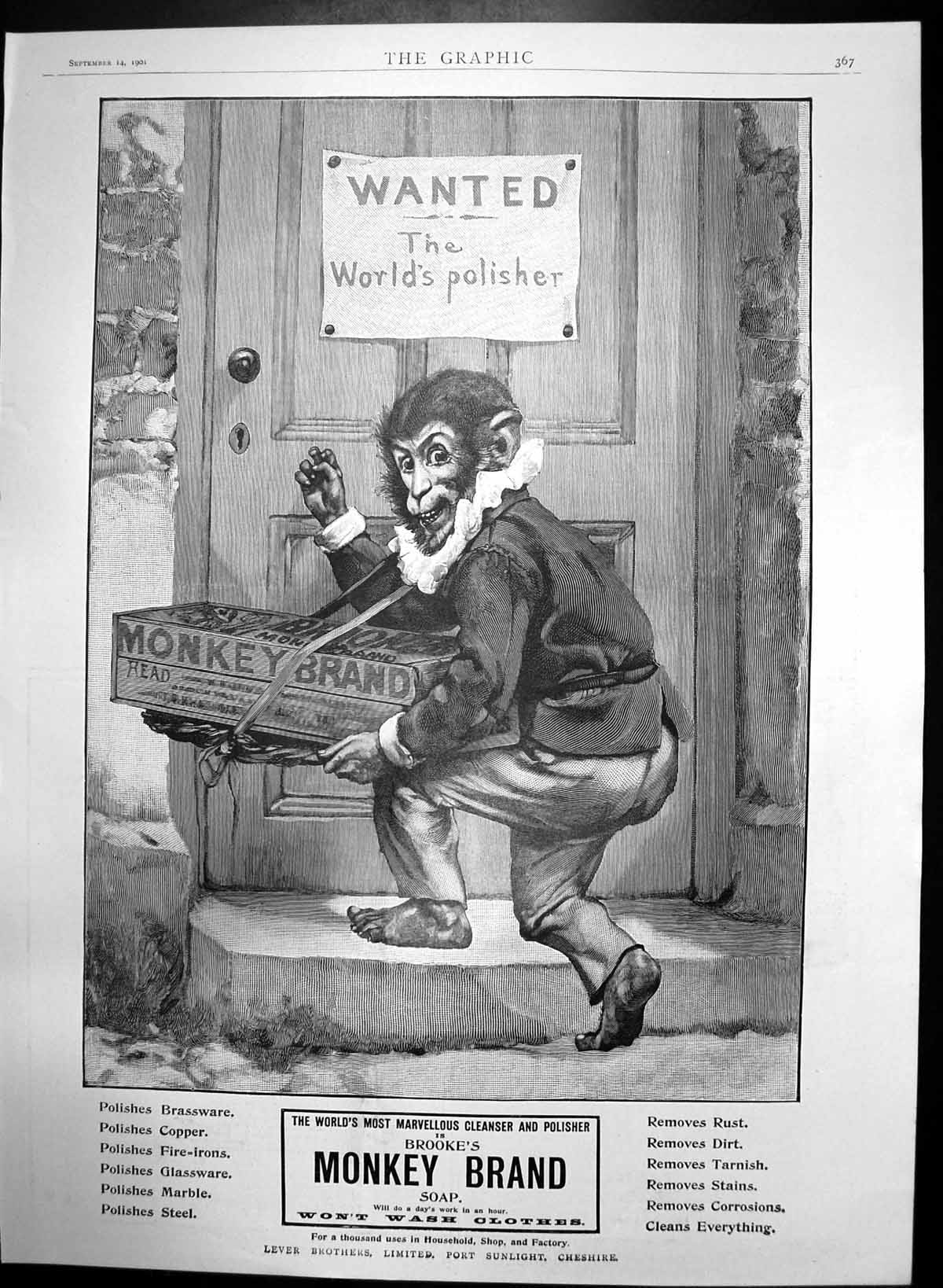 Antique Old Print Brookes Monkey Brand Soap Monkeywanted Worlds Polisher1901