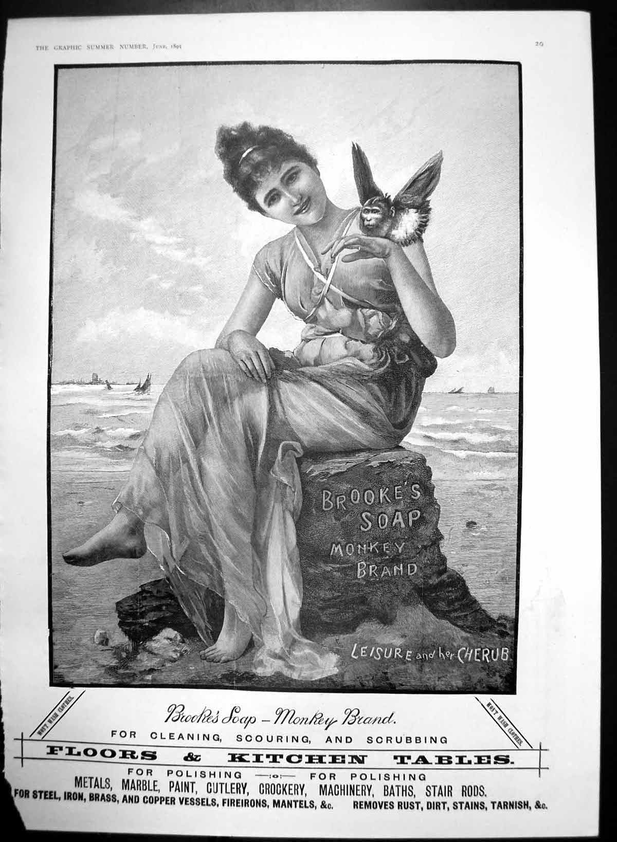 Antique Old Print Brookes Soap Monkey Brand Leisure Her Cherub Cleaning 1895