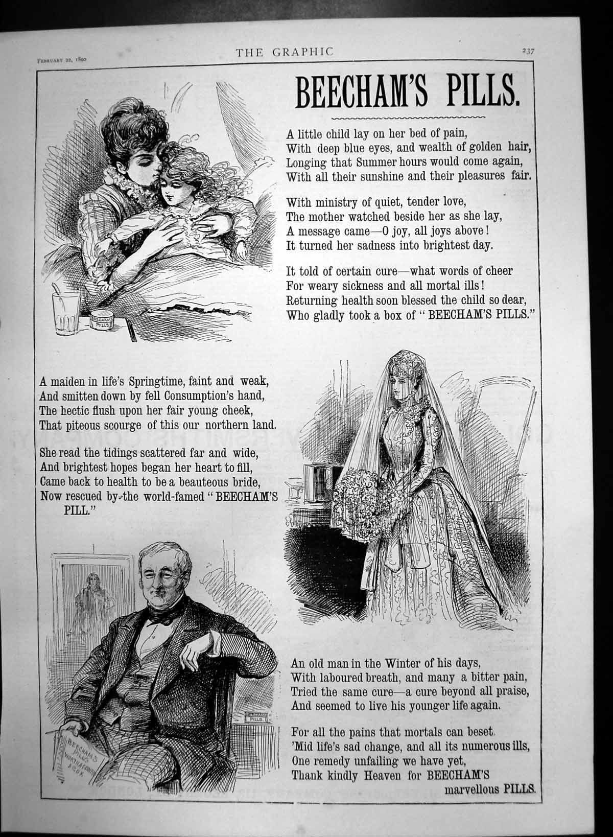 Antique Old Print Beechams Pills Little Child Lay Bed Pain Certain Cure 1890