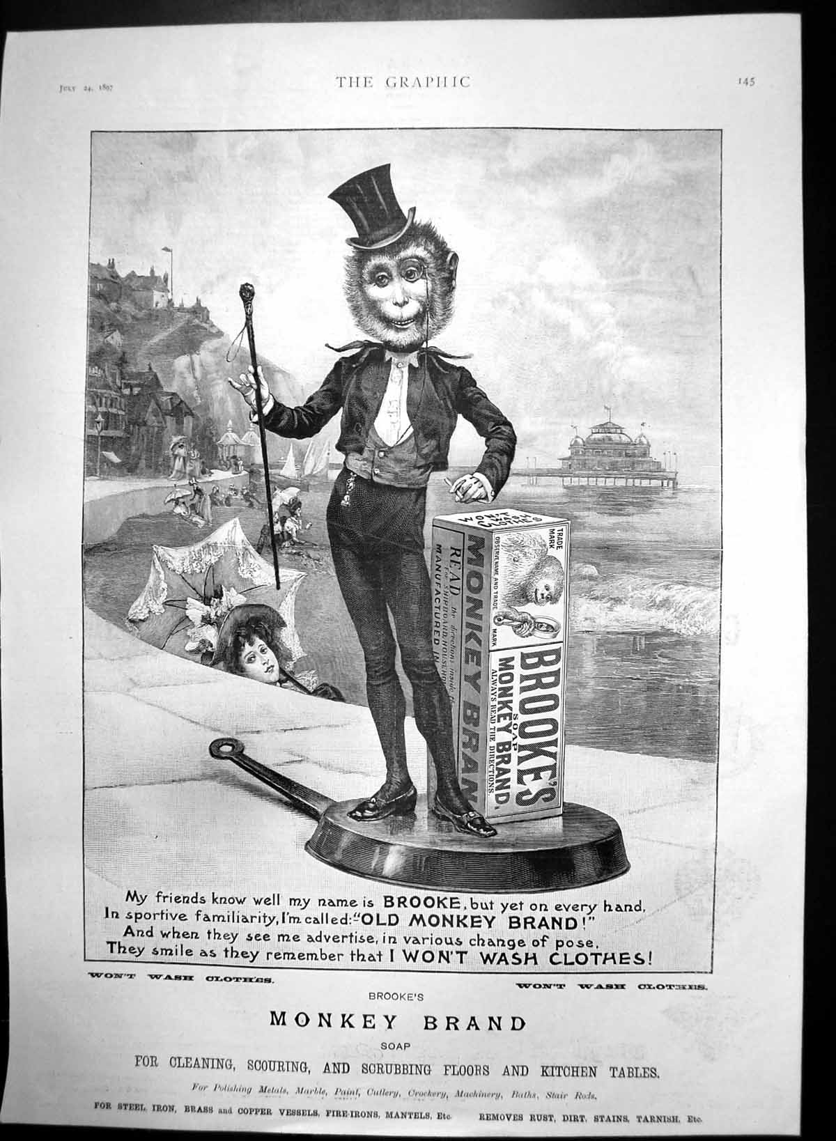 Antique Old Print Brookes Monkey Brand Soap Monkey Promenade Name Brooke1897