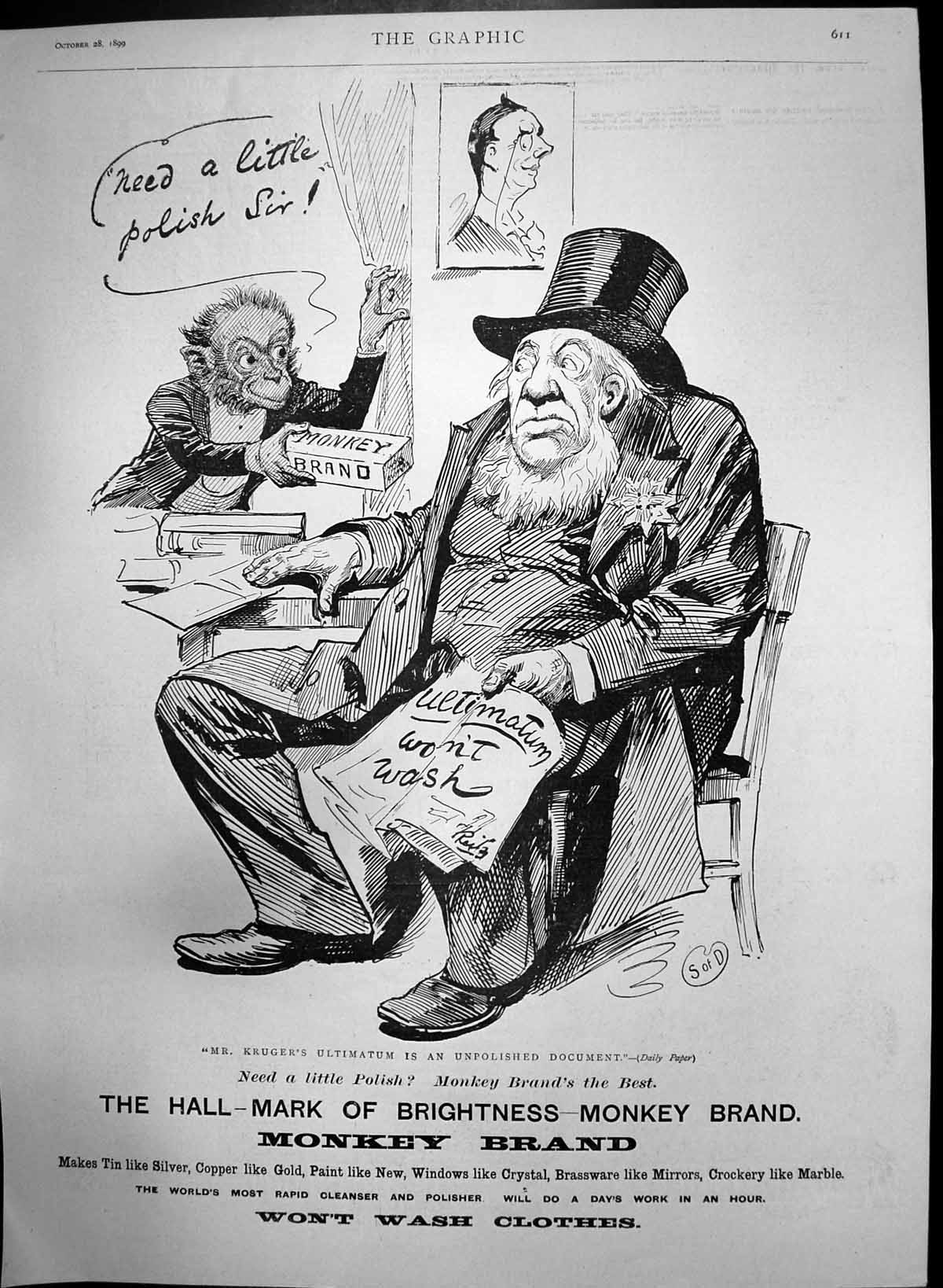 Antique Old Print Monkey Brand Mr Krugers Ultimatum Unpolished Document 1899