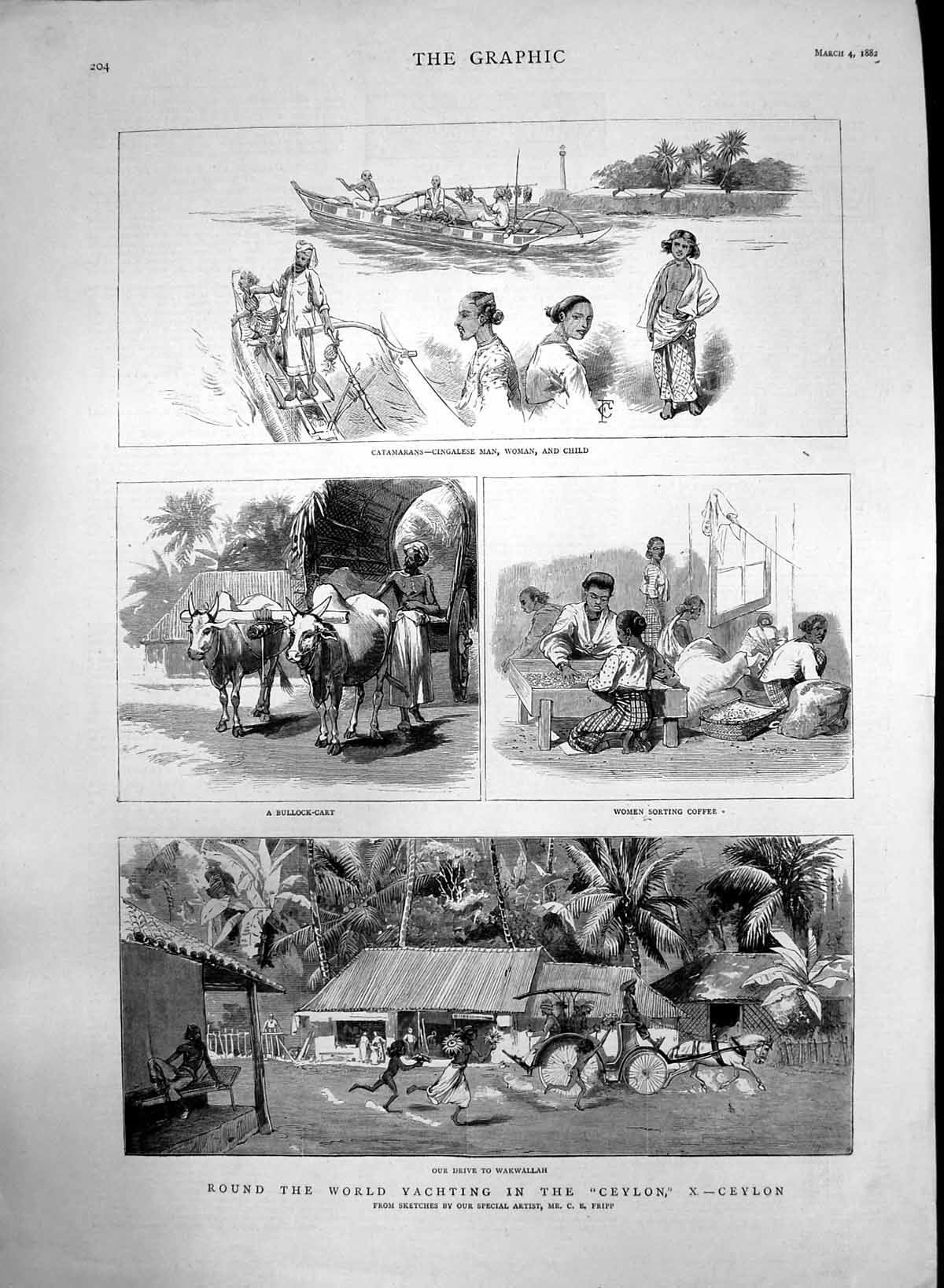 Antique Old Print Round World Yachting Ceylon Ceylon Catamarans Coffee 1882