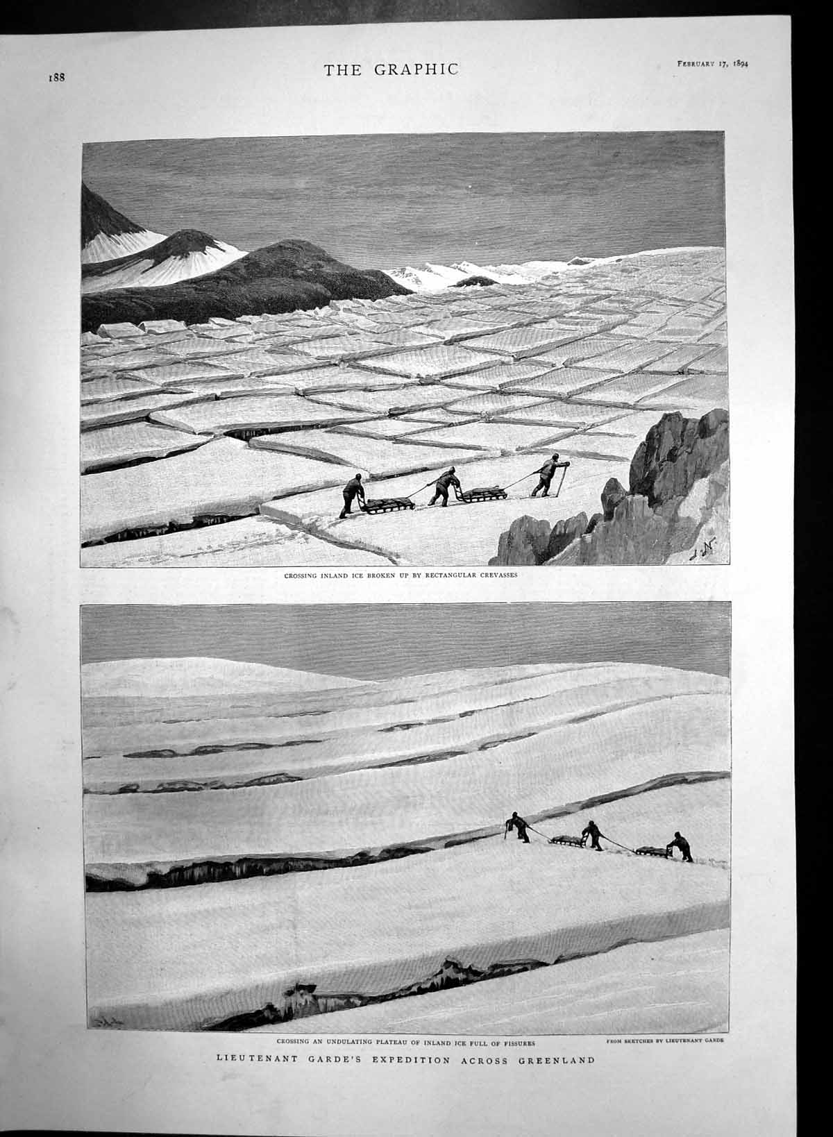 Antique Old Print Lieut Gardes Expedition Across Greenland Ice Crevases 1894