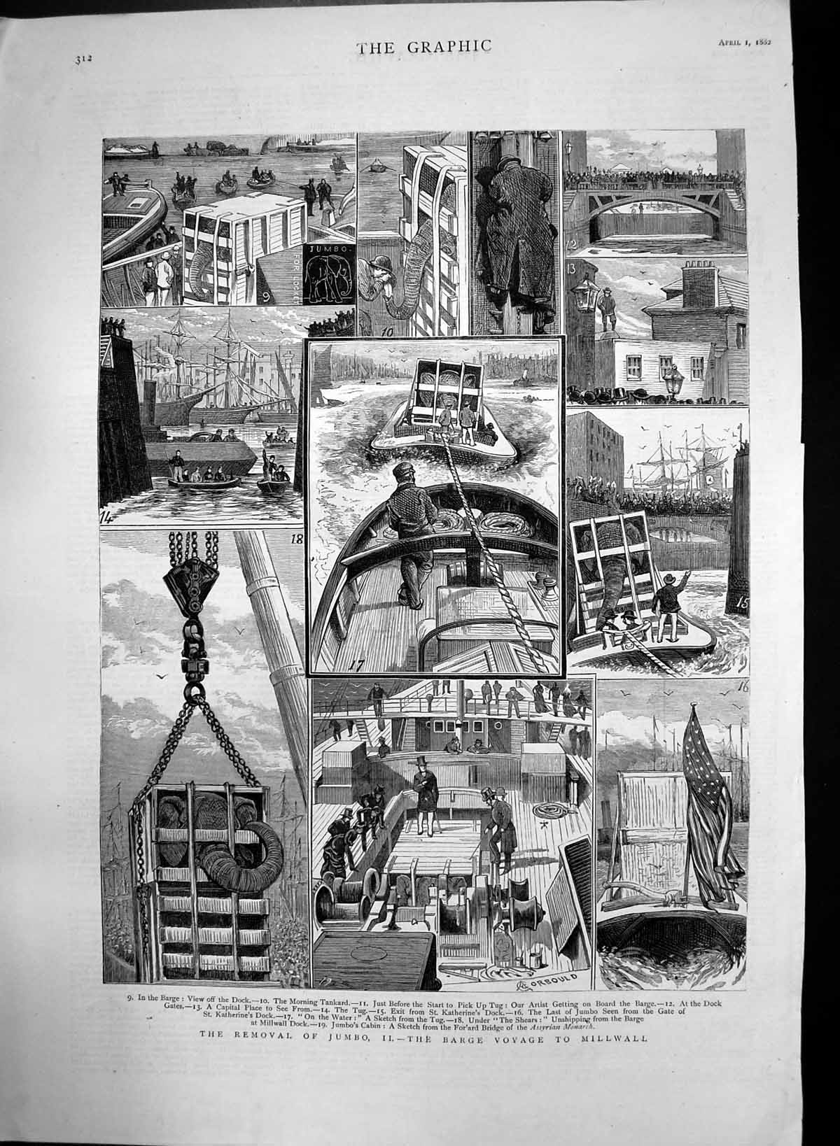 Old Antique Print Removal Jumbo Elephant Barge Voyage Millwall Dock 1882 19th