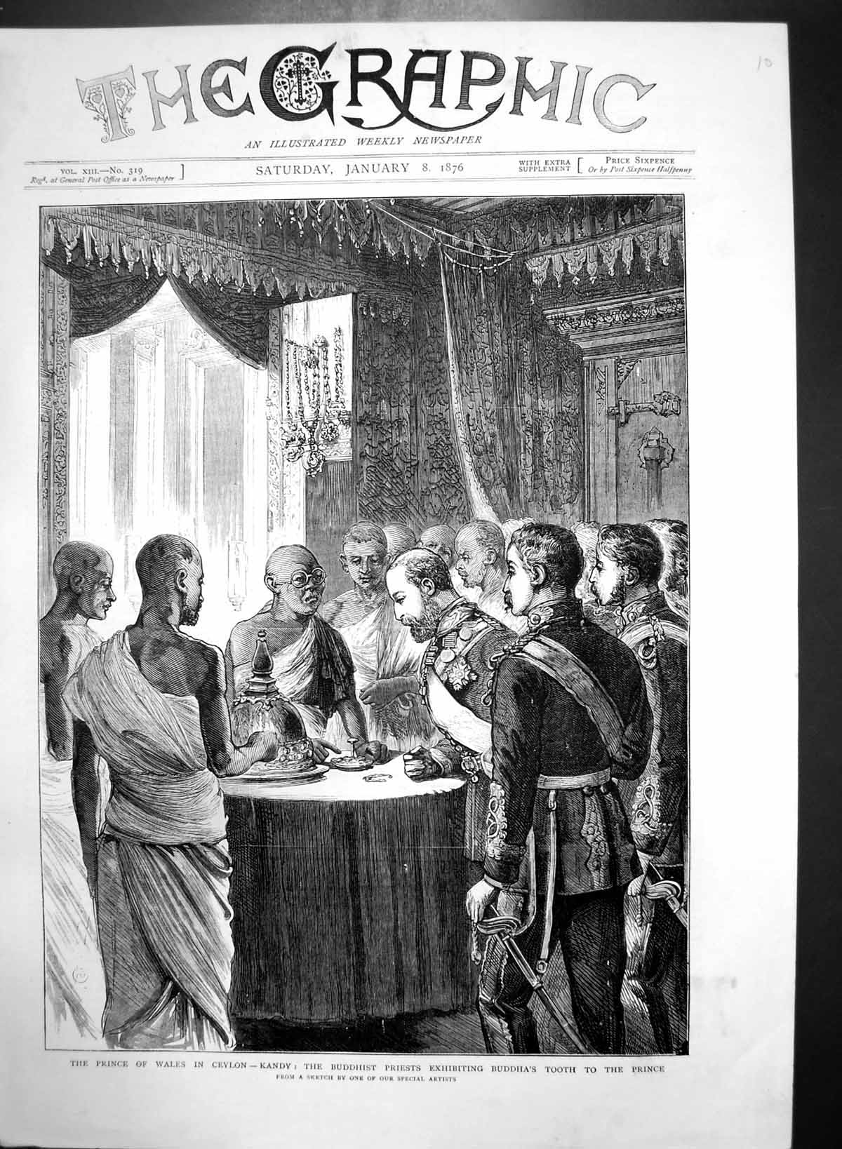 Antique Old Print Prince Wales Ceylon Kandy Buddhist Priests Show Tooth 1876