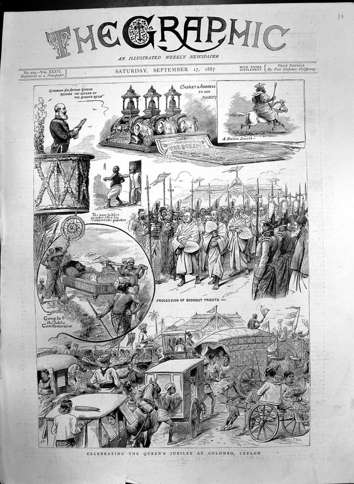 Antique Old Print Celebrating Queens Jubilee Colombo Ceylon Buddhists 1887 19th