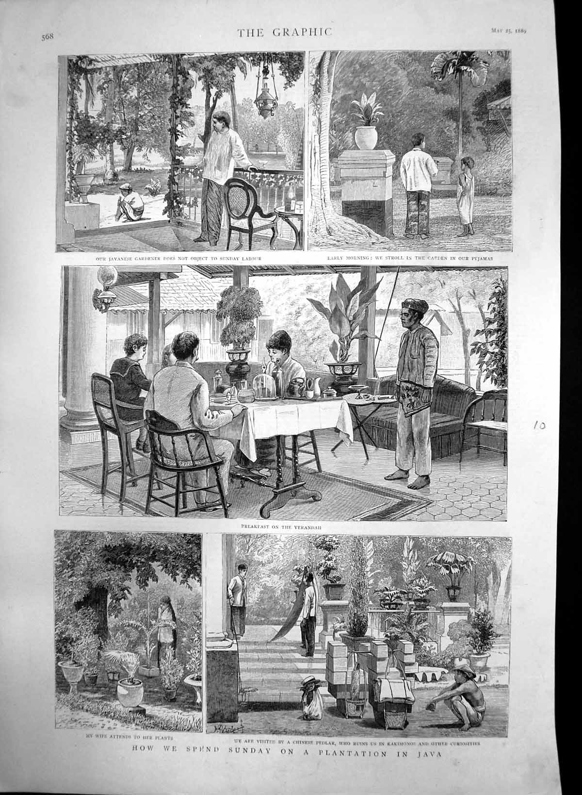 Antique Old Print Sunday Plantation Java Gardener Plants Chinese Pedlar 1889